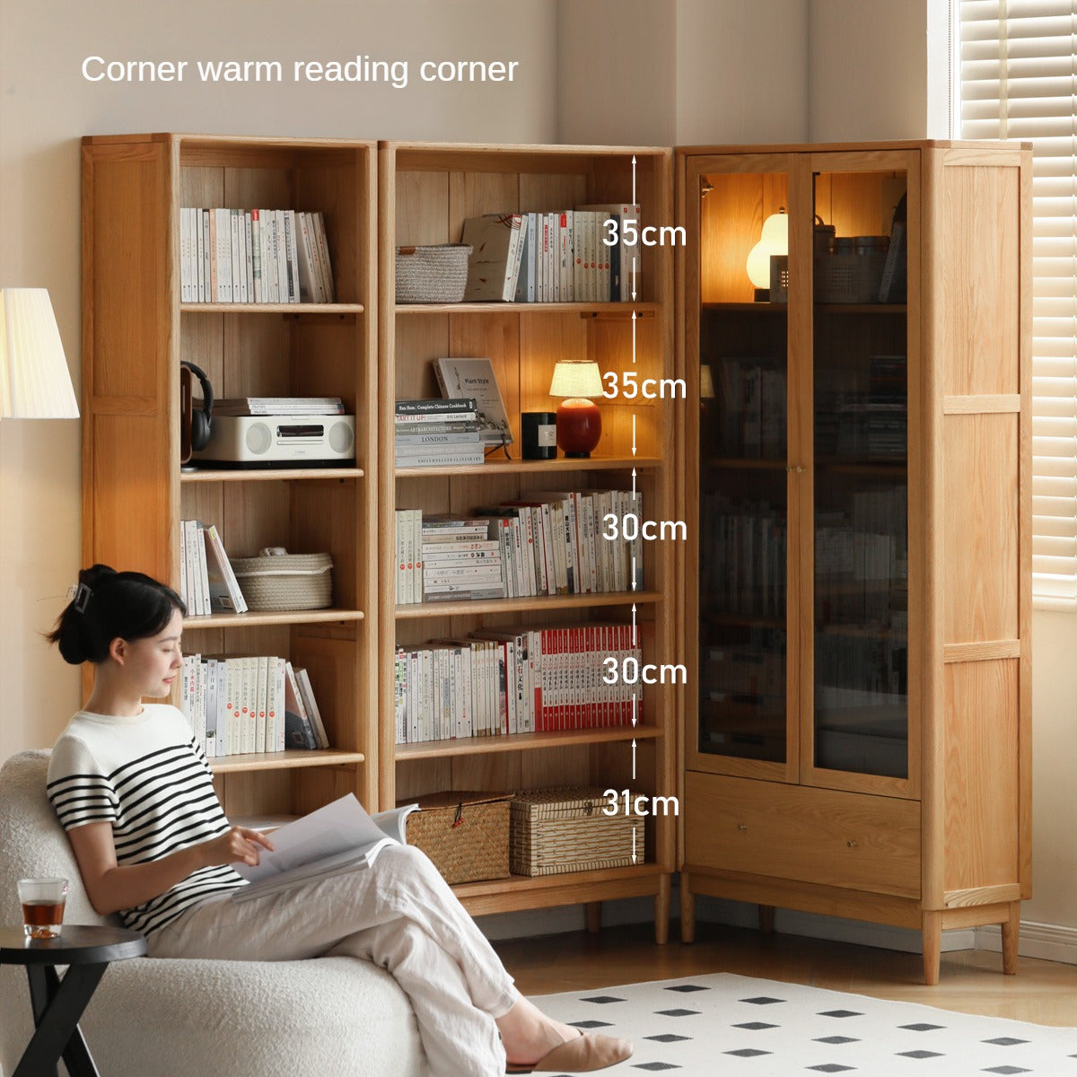 Oak Solid Wood Modern Glass Door Bookcase - Stylish Bookshelf for Living Room, Office & Library - Perfect for Home Decor & Book Storage
