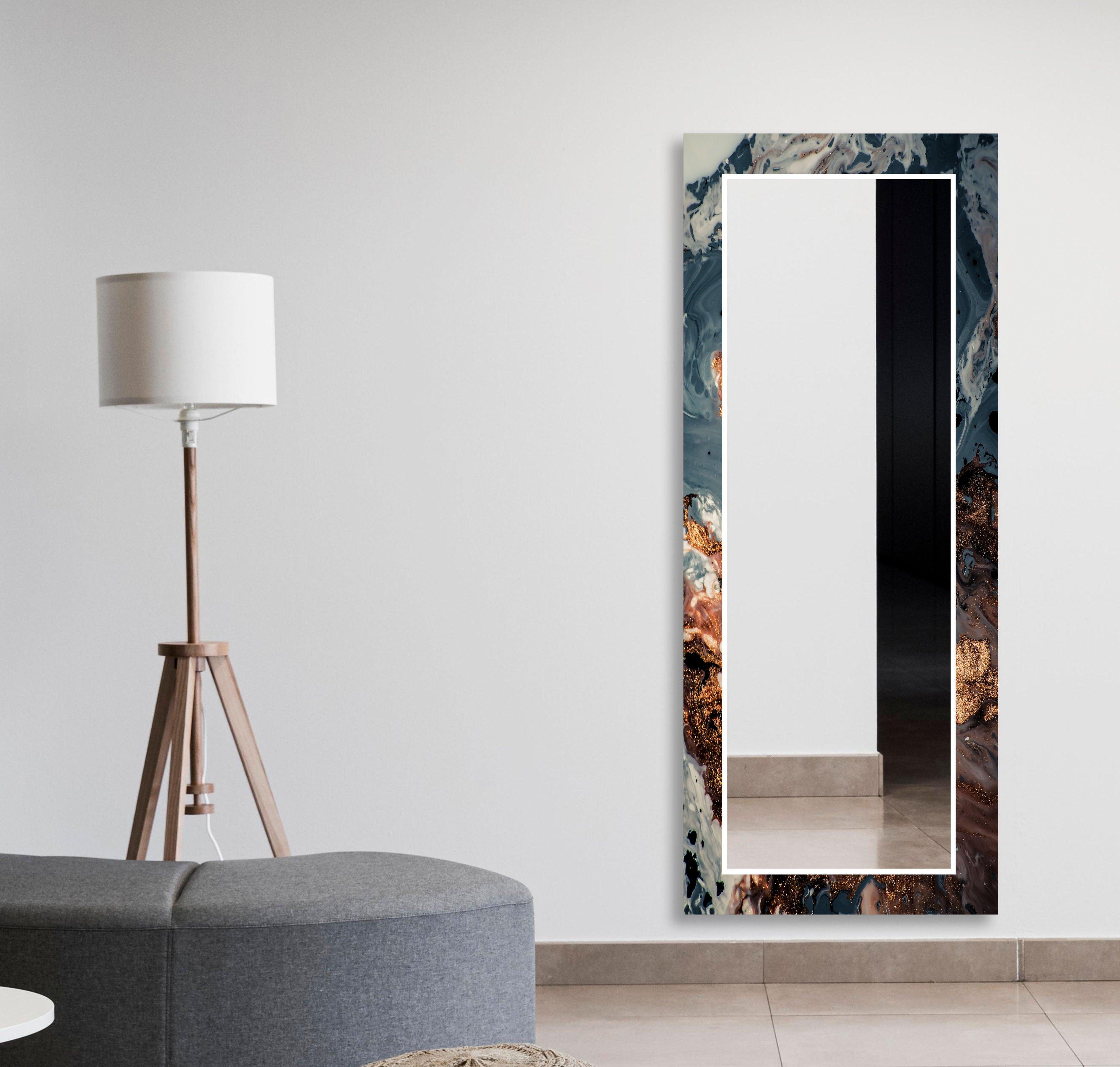 Blue Abstract Wall Mirror with Bronze Details - Modern Decorative Mirror for Living Room, Bedroom, or Entryway