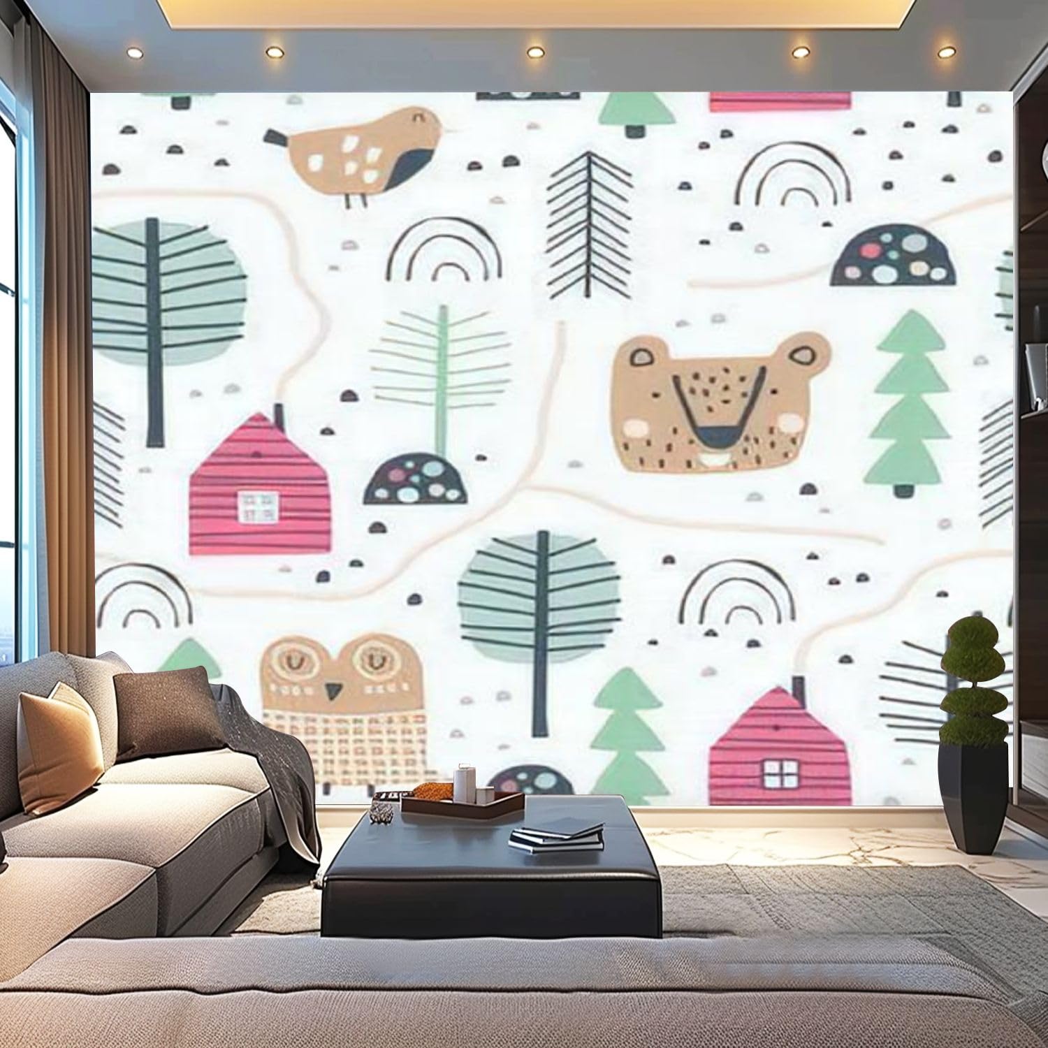 3D Modern Peel and Stick Wallpaper - Cute Animal & Tree Scandinavian Style Hand-Drawn Removable Wall Mural for Living Room, Kids Bedroom Decor | Easy DIY Home Decoration, Nursery Wall Stickers, Rental Friendly Wall Covering