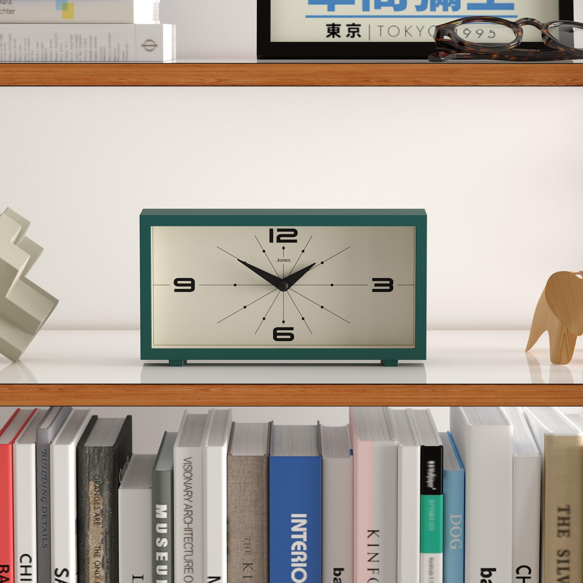JONES CLOCKS® 'Odeon' Modern Green Rectangular Desk Clock - Stylish Retro Design for Home & Office Decor - Perfect for Shelf, Table, Mantel, Bedside or Gift Giving