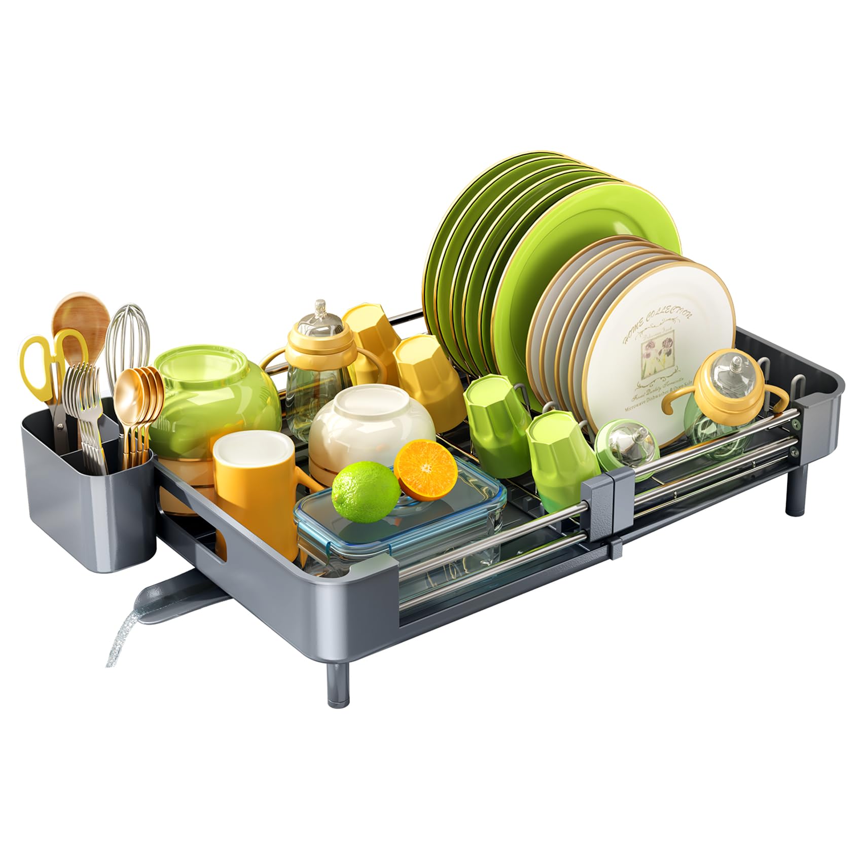 Stainless Steel Expandable Dish Drying Rack for Kitchen Counter - Large Dish Drainer with Utensil Holder, Space-Saving Grey Dish Rack - Perfect for Small Kitchens, Apartments & Dorm Rooms