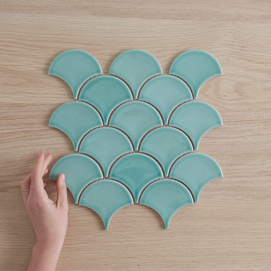 Coral Bay Mint Green Fish Scale Tile - Ceramic Wall & Floor Tile for Bathroom, Kitchen Backsplash, and Poolside Decor