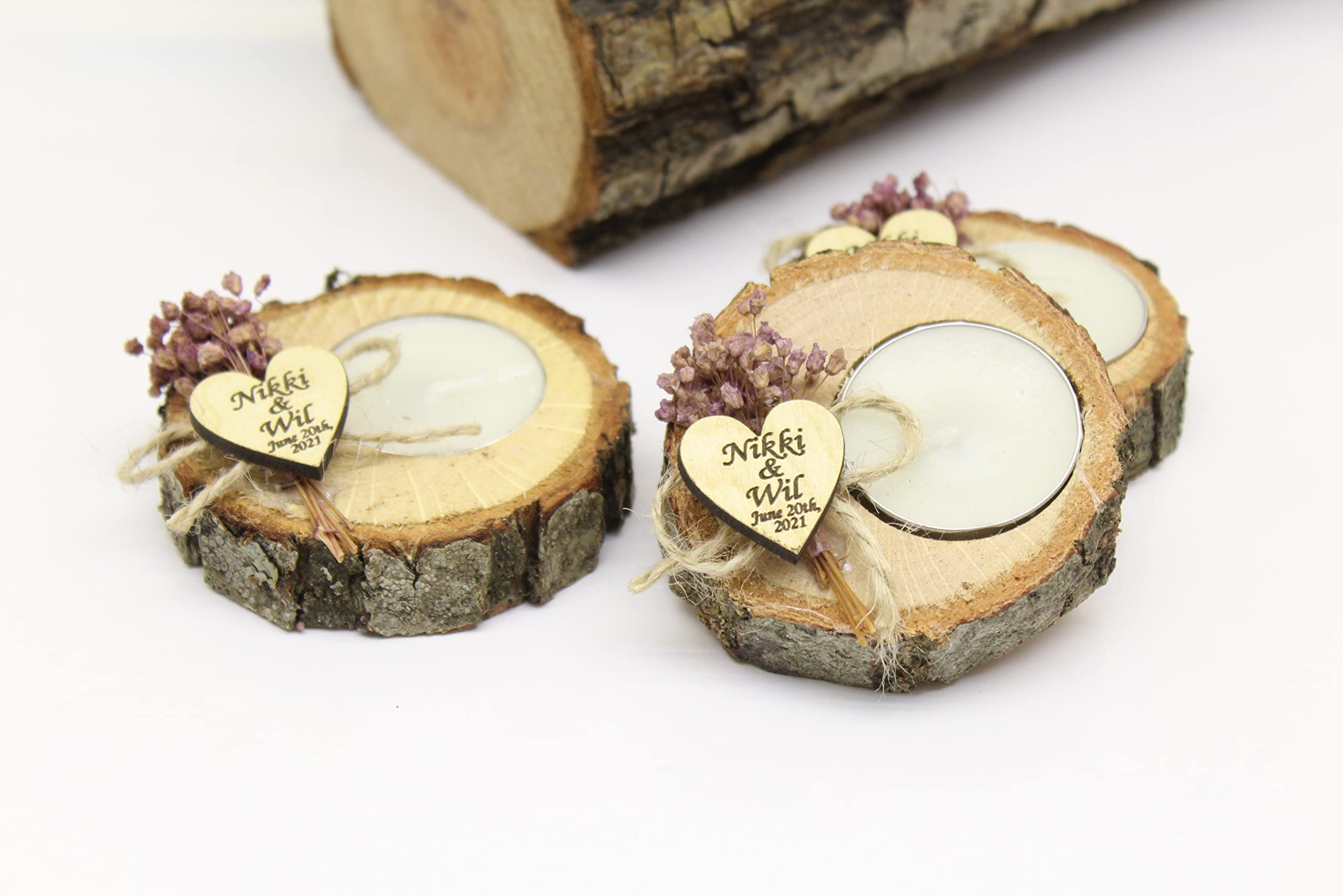 50 Pcs Personalized Wooden Log Candle Holders - Wedding Favors for Guests, Memorial Candles, Tealight Holders - Rustic Home Decor for Weddings, Bridal Showers, Sympathy Gifts & Memorial Services