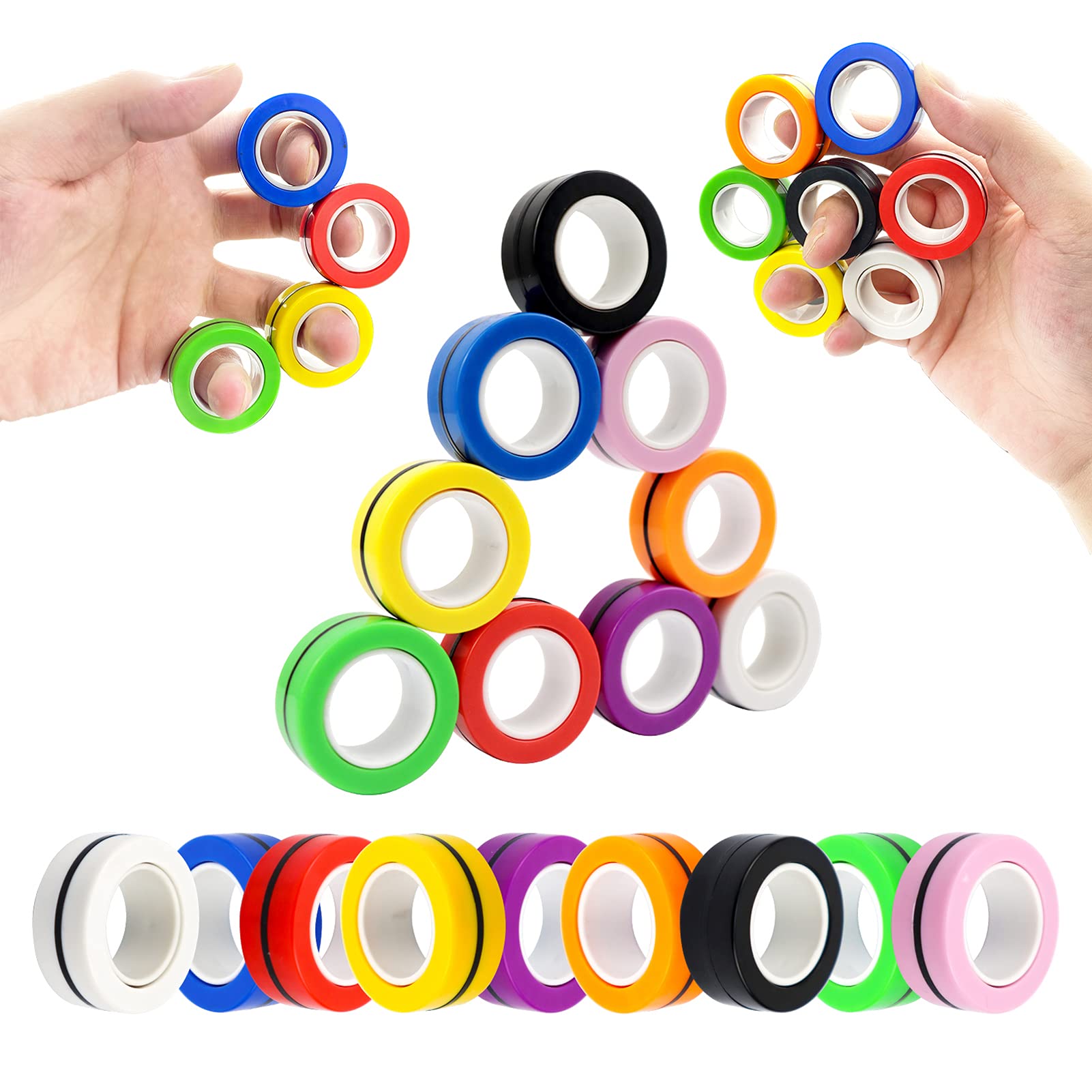 9Pcs Magnetic Ring Fidget Spinner Toys Set - Colorful Stress Relief Fidget Rings for Autism, Anxiety & ADHD - Fun Sensory Toys for Adults, Teens & Kids - Perfect for Office, School & Travel Stress Relief