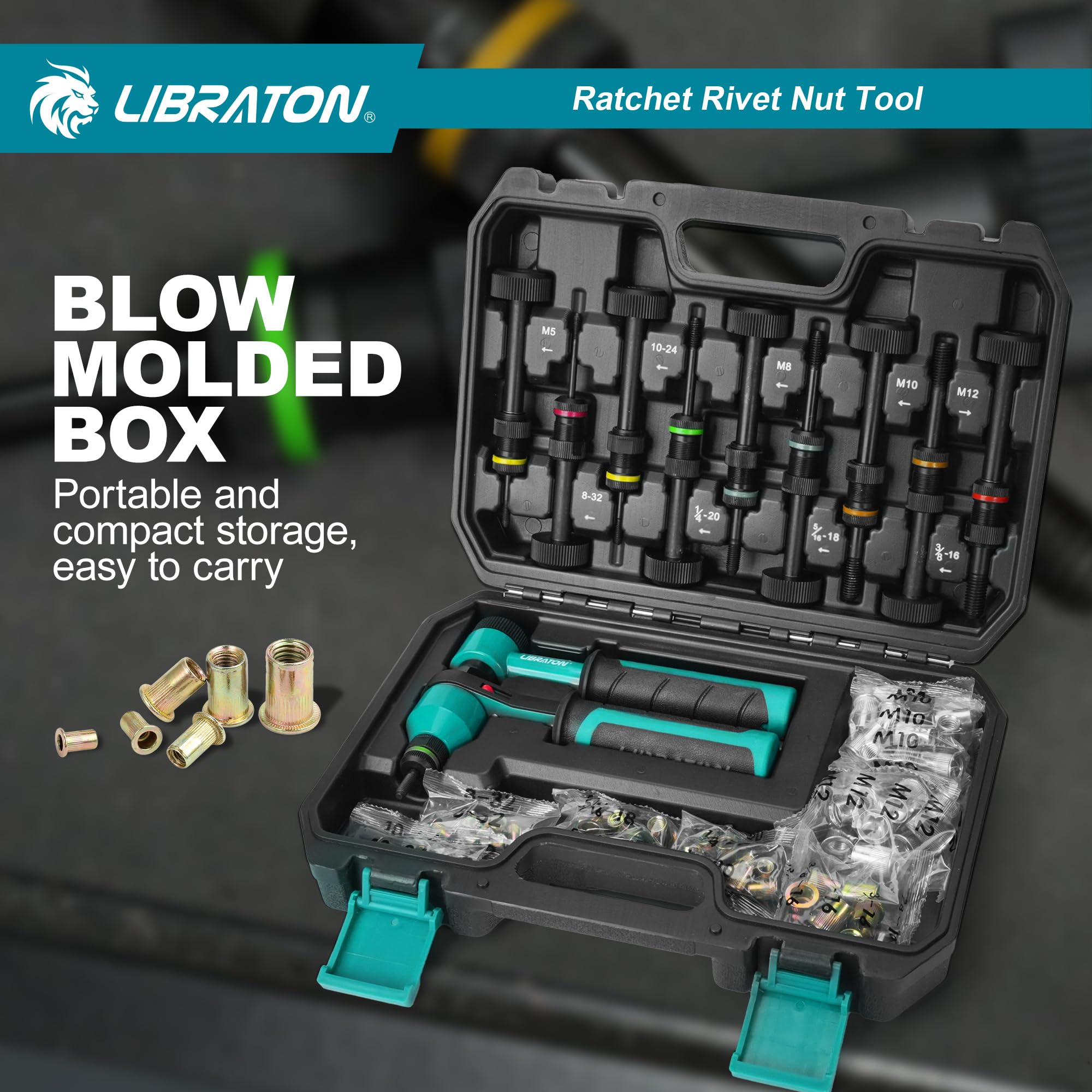Professional LIBRATON Rivet Nut Tool Kit - Heavy Duty Nutsert Gun with 10 SAE & Metric Mandrels, 100PCS Rivet Nuts & Rugged Carry Case - Automotive Repair, Metalworking, DIY Projects & Home Improvement