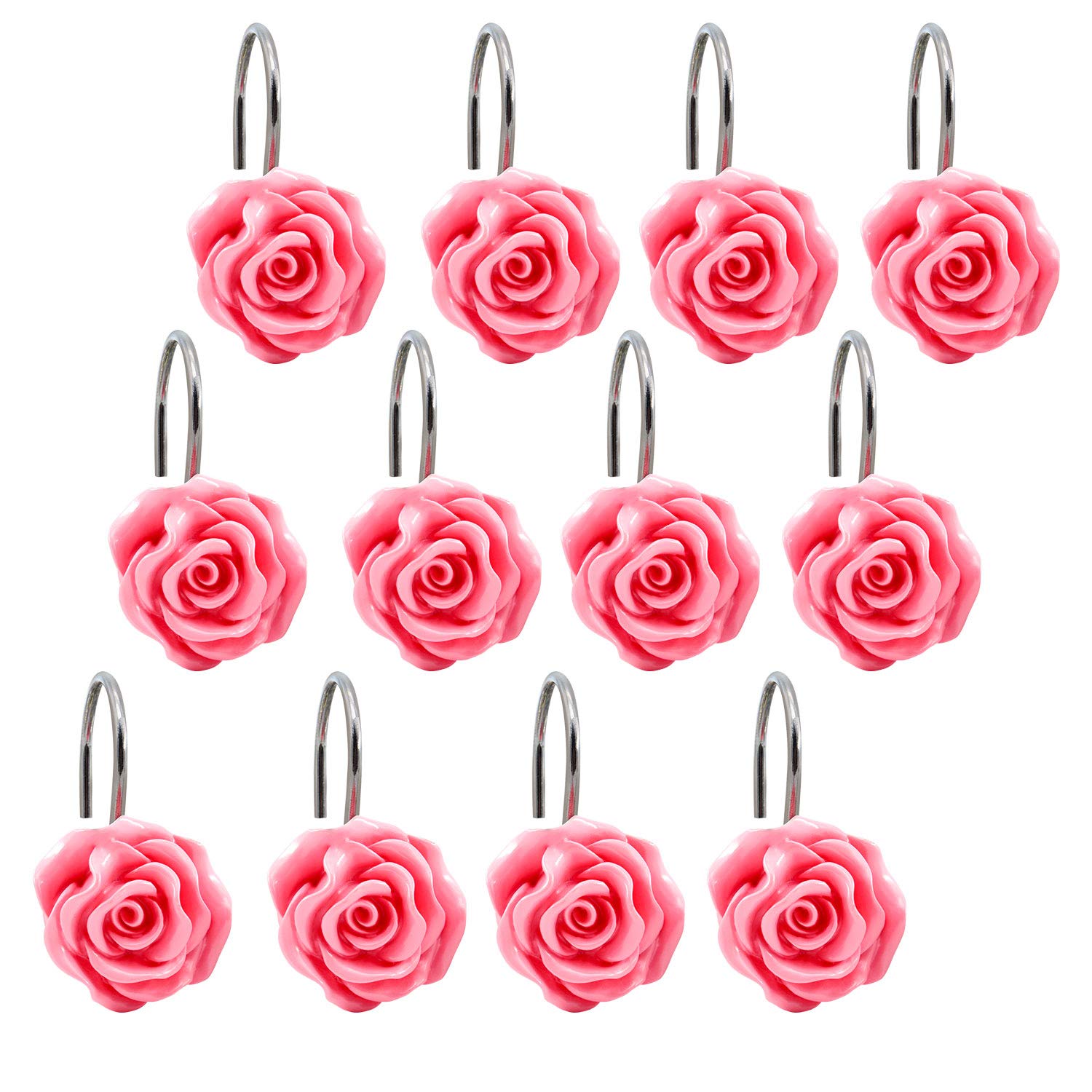 BEAVO Rustproof Resin Rose Flower Shower Curtain Hooks - Set of 12 Pink Bathroom Hooks for Shower Rods & Curtains | Elegant Home Decor for Bathroom, Guest Room & Spa Style Showers