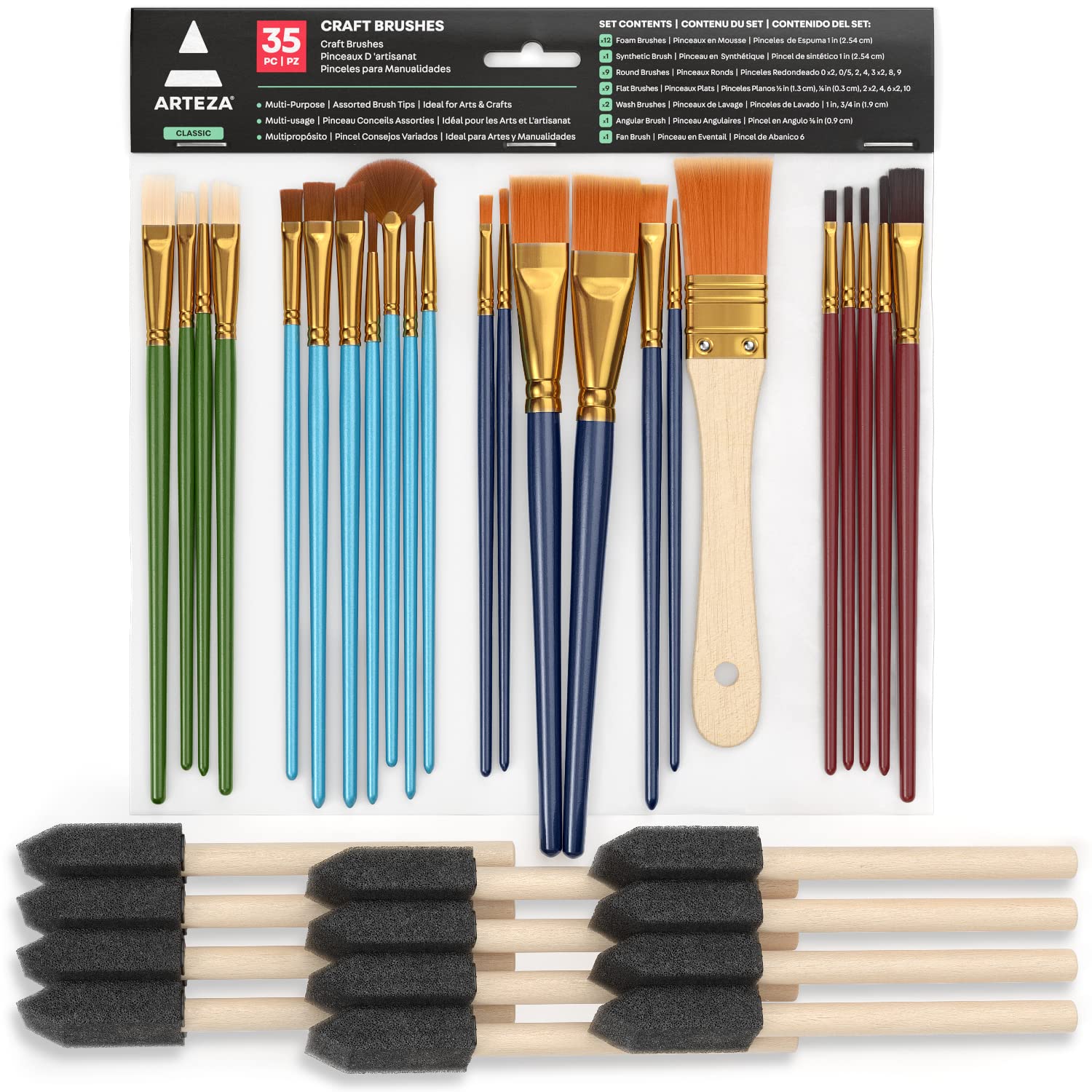 ARTEZA 35-Piece Professional Craft Brush Set - Round, Flat, Wash, Angular, Foam & Fan Brushes for Acrylic, Watercolor & Oil Painting - Perfect for Artists, Beginners & DIY Crafts