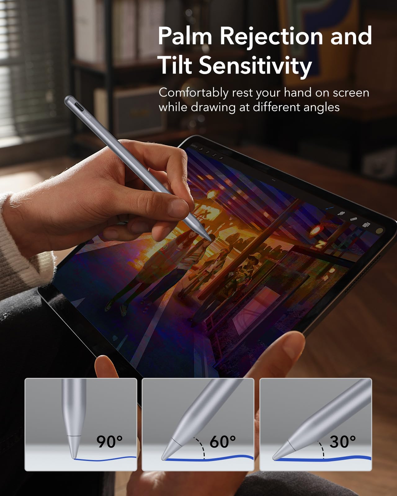 ESR 2nd Gen Magnetic Wireless Charging Stylus Pen for iPad - Tilt Sensitivity & Palm Rejection Compatible with iPad Pro 12.9/11, iPad Air 5/4, iPad Mini 6 (Dark Silver) | Perfect for Digital Art, Note-Taking & Professional Design Work