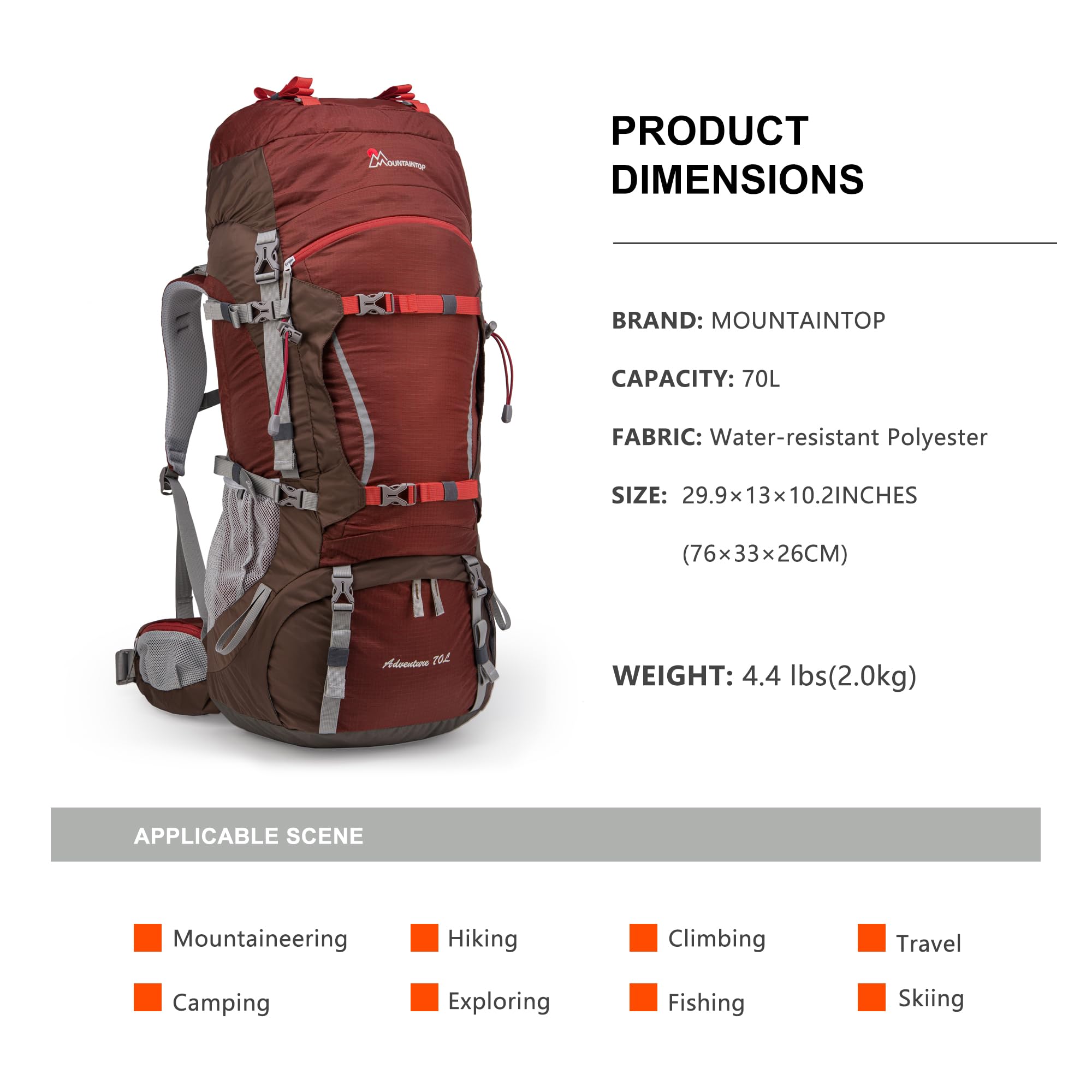 MOUNTAINTOP 70L Hiking Backpack with Rain Cover for Camping & Travel