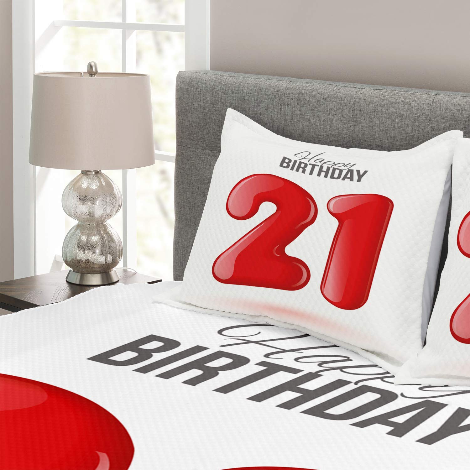 Ambesonne 21st Birthday Bedding Set - Handwritten Style Happy Birthday Text Teen Party Theme - 3-Piece Decorative Coverlet with 2 Pillow Shams - King Size Charcoal Grey & White - Perfect for Birthday Decorations, Dorm Room Essentials, and Themed Party Bedding