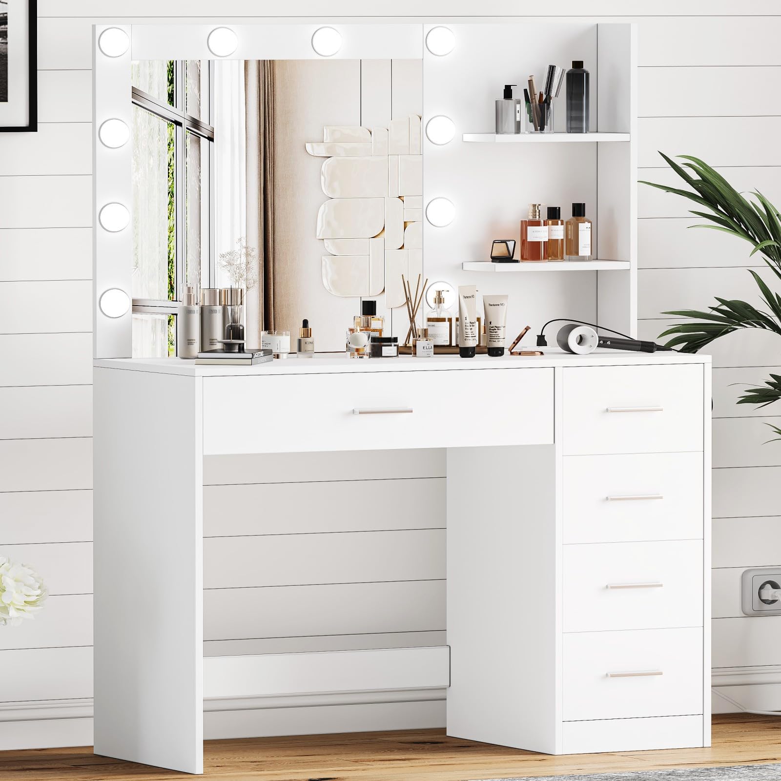 Vanity Table with Mirror and LED Lights - 3 Color Lighting Modes, Makeup Dressing Table with USB Charging Station, 5 Drawers & Open Shelves for Bedroom, White KES001WSZT | Perfect for Makeup, Skincare & Jewelry Organization in Home Decor