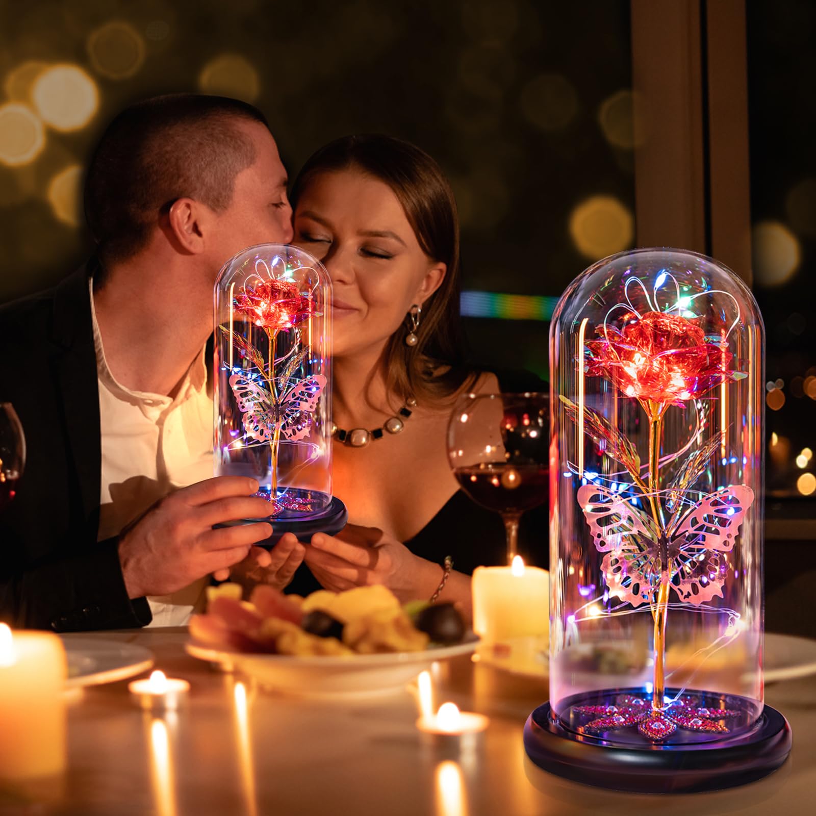 Eternal Crystal Rose in Glass Dome with Butterfly - Galaxy Glass Rose Flower Gift for Mom, Women, Wife, Grandma, Daughter - Mother's Day, Anniversary, Birthday Gift Idea - Romantic Home Decor & Night Light