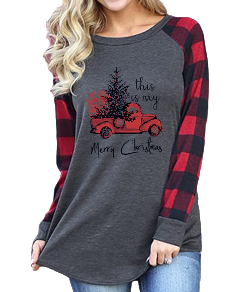 Women's Christmas Movie Watching Long Sleeve Raglan T-Shirt - Snowman & Plaid Design Cozy Holiday Top for Family Gatherings, Gift Exchanges & Winter Relaxation