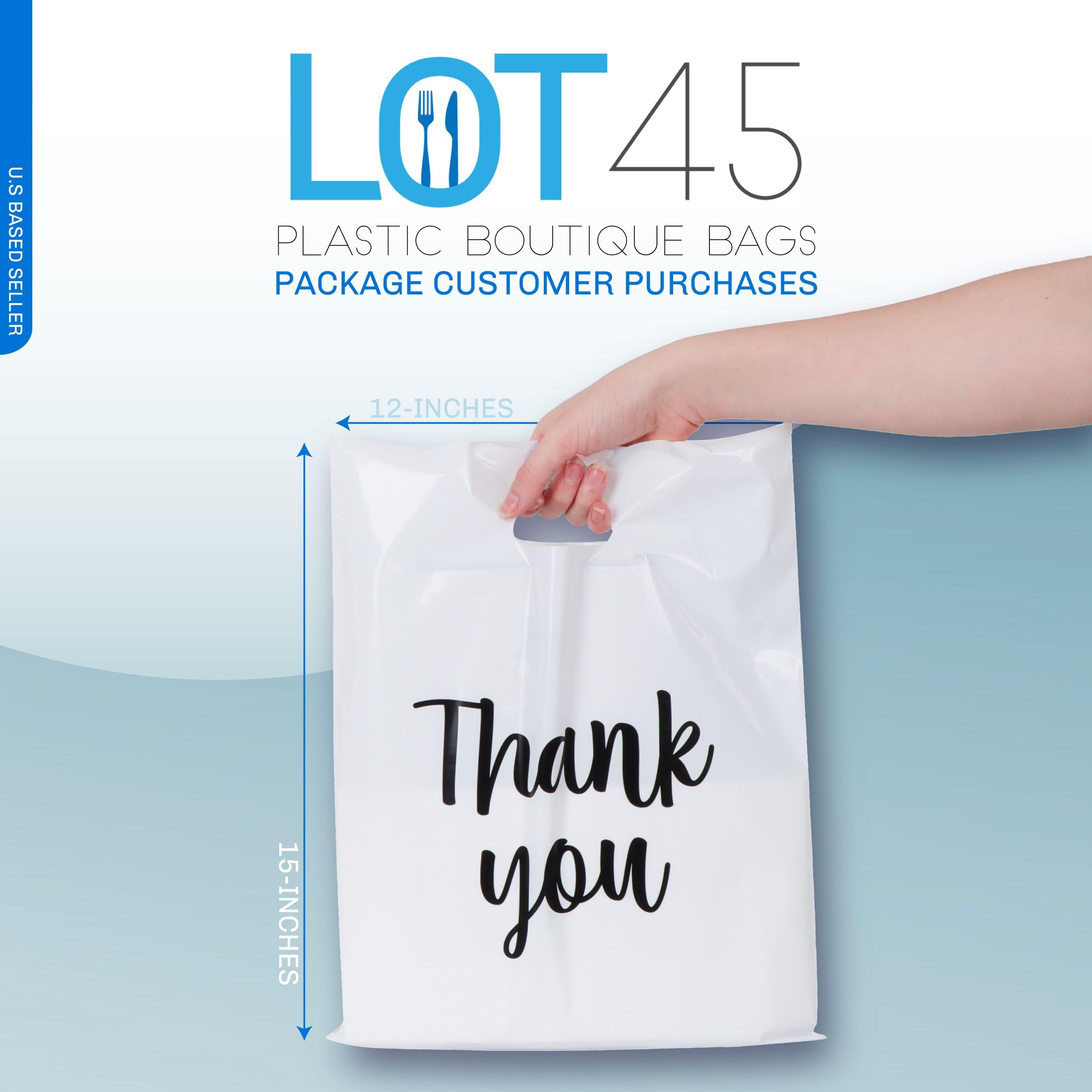 45-Pack White Plastic Retail Bags with Handles - 12x15 Inch Bulk Merchandise Bags for Boutique, Gift & Thank You Packaging - Perfect for Retail Stores, Parties & Small Business Branding