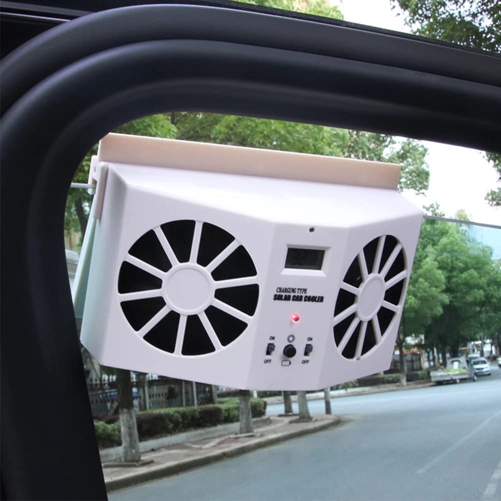 Solar Powered Car Window Fan - Universal Front/Rear Window Ventilation Cooler with Exhaust Radiator - Eliminates Odors & Keeps Car Cool (White) - Perfect for Hot Days, Road Trips & Parking in the Sun
