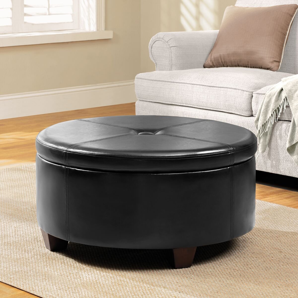 Homepop Upholstered Faux Leather Round Storage Ottoman with Tufted Button Top - Large Decorative Footstool for Living Room & Bedroom - Perfect for Extra Seating, Storage & Home Decor (Black)