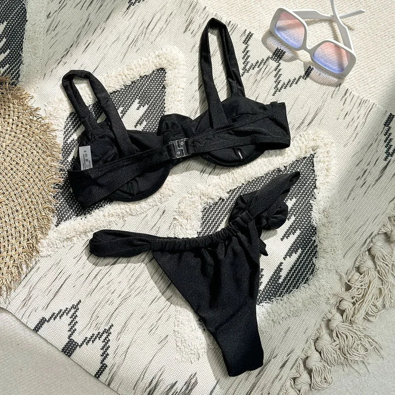 3D Floral Print Bandeau Bikini Set - Sexy Women's Swimsuit with Thong & Brazilian Cut - S-XL Sizes - Perfect for Beach Vacations, Pool Parties & Summer Getaways