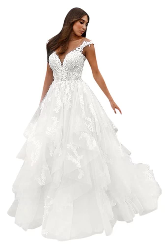 Elegant Off Shoulder A-Line Wedding Dress with Open Back & Train - VinBridal Women's Bridal Gown for Church, Beach & Ballroom Weddings