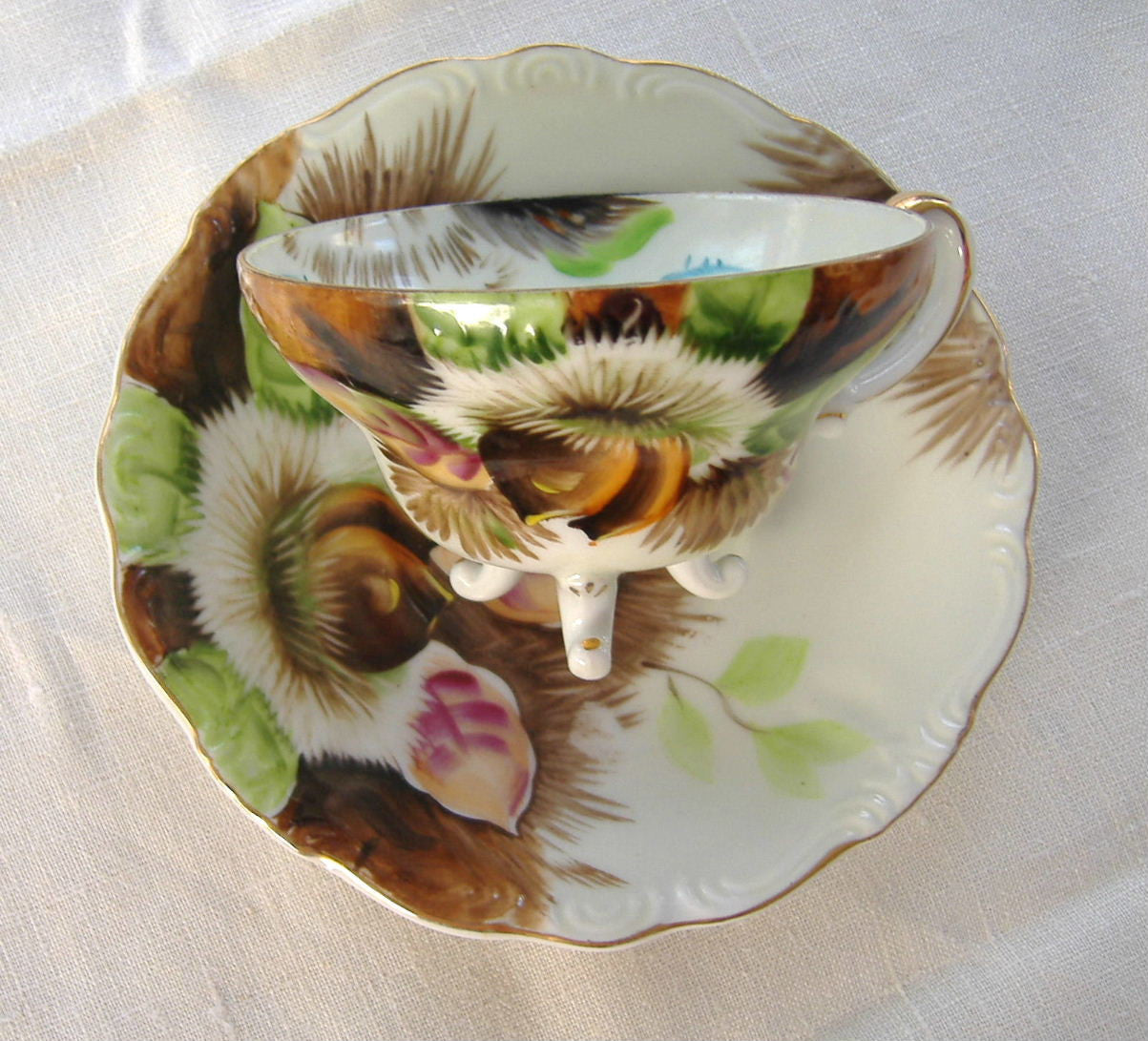 Vintage Japanese Hand-Painted Chestnut Cup and Saucer Set with Three Feet - 1920s-1930s Antique Tea Set for Collectors & Afternoon Tea Parties