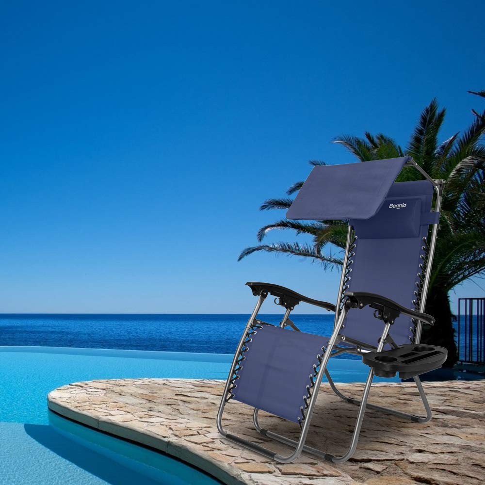 **Bonnlo Zero Gravity Lounge Chair with Adjustable Canopy - Portable Folding Recliner with Cup Holder & Headrest - Perfect for Beach, Pool, Patio, Garden (Blue, 2-Pack)**