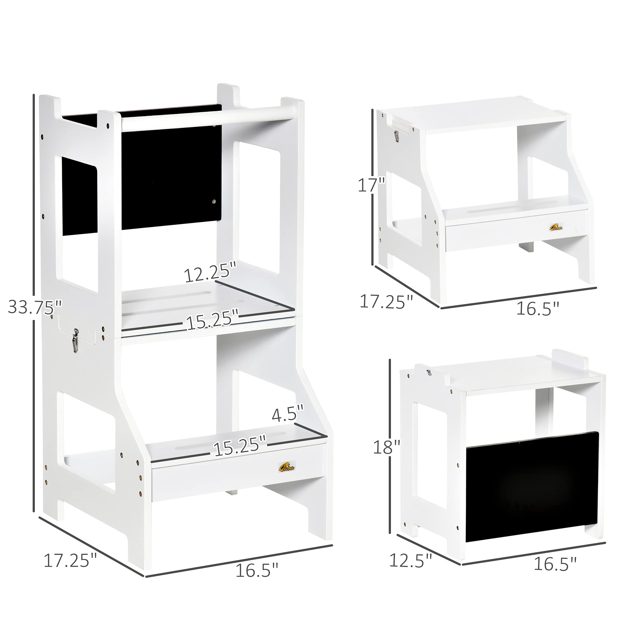 Qaba 2-in-1 Kids Kitchen Step Stool & Toddler Standing Tower with Chalkboard - Adjustable Safety Rail for Kitchen, Bathroom & Bedroom - White - Perfect for Cooking, Brushing Teeth & Reaching High Places