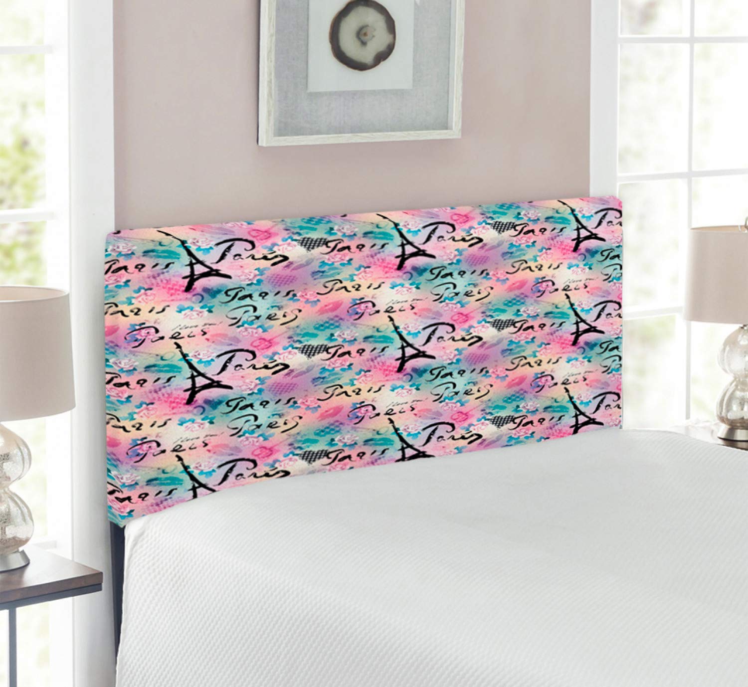 Ambesonne Paris Upholstered Headboard - Floral Rose Checkered Hearts Romance Love Theme with Memory Foam | French Inspired Decorative Metal Bed Headboard for Twin Size Bed | Pale Green & Sea Green | Perfect for Master Bedroom, Guest Room & Cozy Apartment Decor