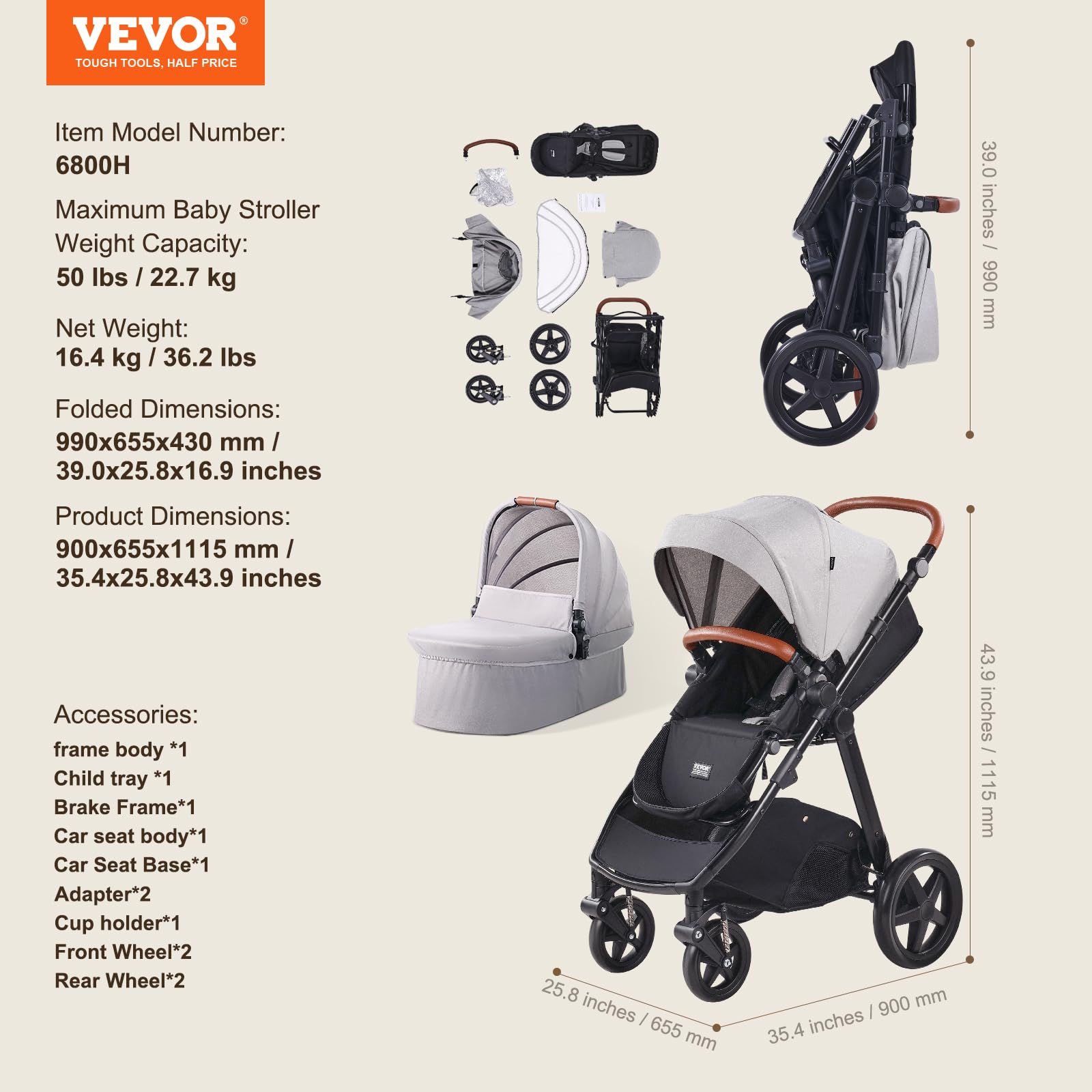 VEVOR 2-in-1 Travel System Stroller with Bassinet & Reversible Seat | Light Gray Baby Stroller Combo with One-Button Fold, EVA Tires & Brake | Perfect for Newborns, Shopping & Outdoor Walks