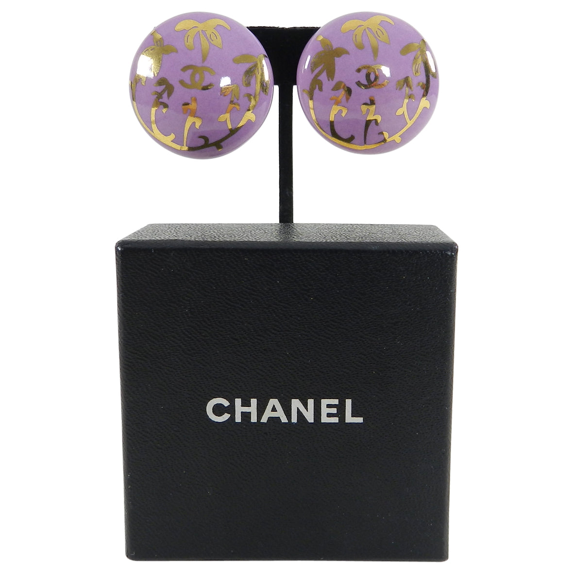 Vintage Chanel 1997 Purple Ceramic Palm Tree Button Earrings for Women - Luxury Designer Fashion Jewelry Gift for Birthday, Anniversary & Special Occasions