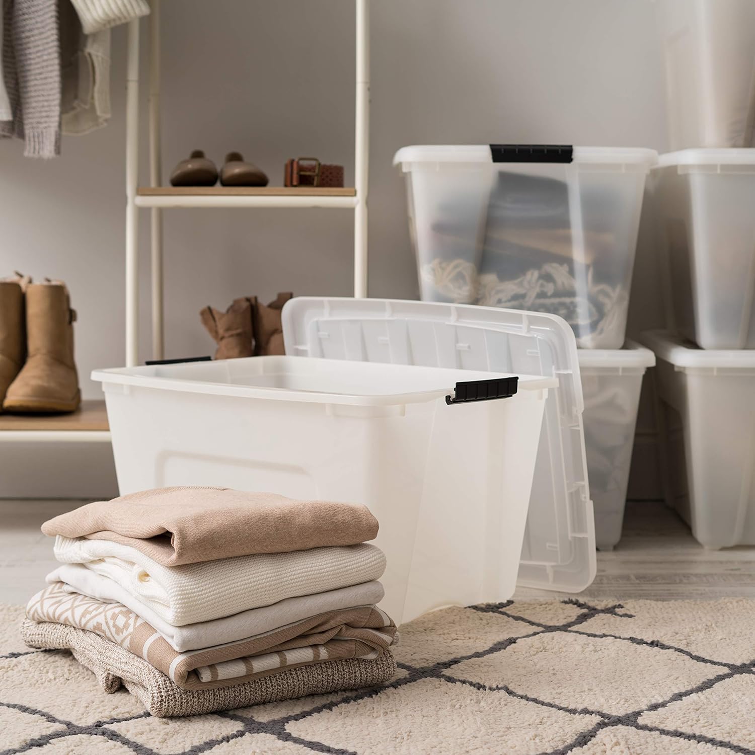 IRIS USA 54 Qt Stackable Plastic Storage Bins with Lids, 6 Pack - BPA-Free, Made in USA - Durable Nestable Containers with Secure Pull Handles & Latches - Perfect for Home Organization, Closet Storage, Garage Shelving & Toy Containers