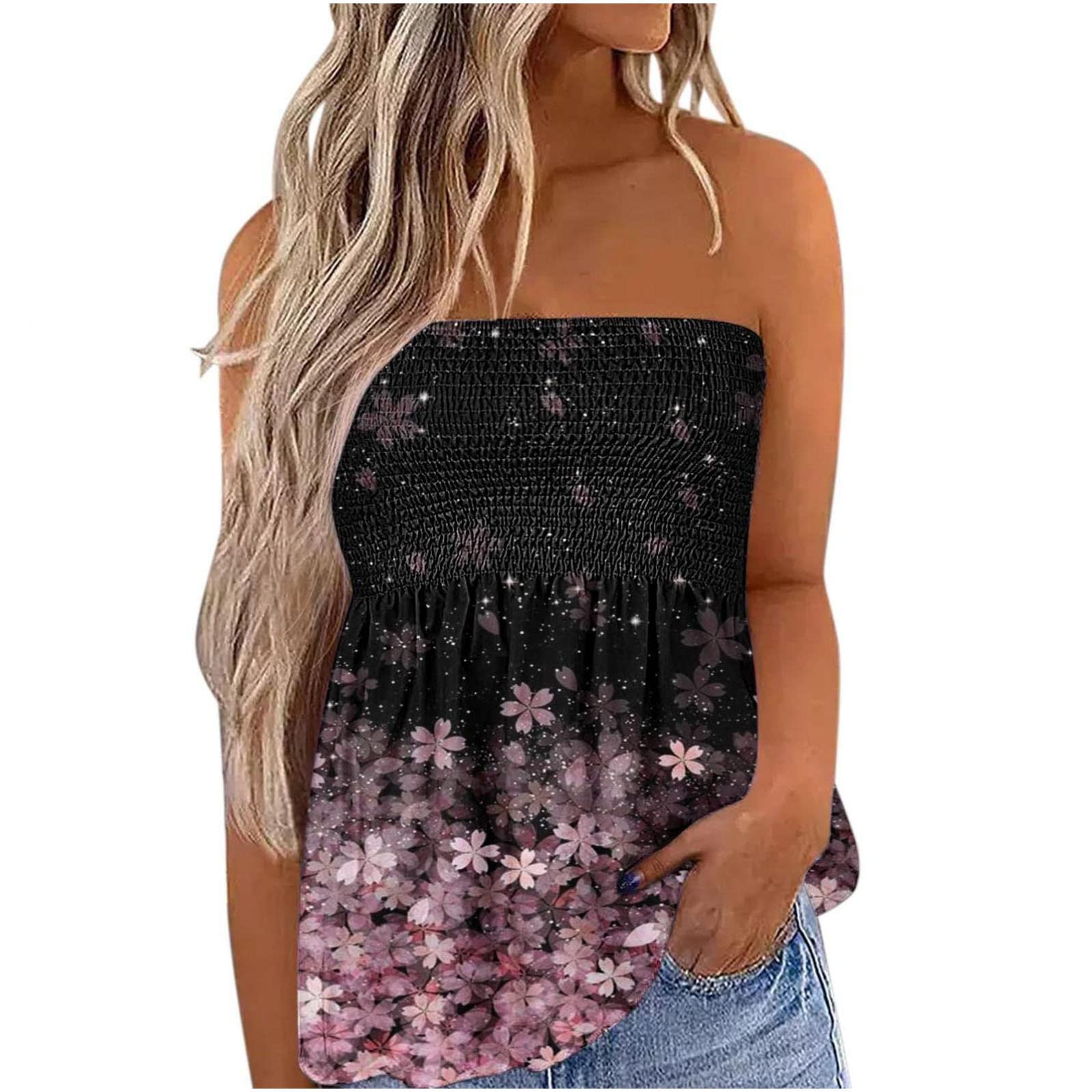 Strapless Tops for Women - Bandeau Sleeveless Graphic Tees & Tube Tops | Flowy Blouses & Loose Fit Striped Shirts | Perfect for Summer, Beach, Music Festivals & Casual Outings