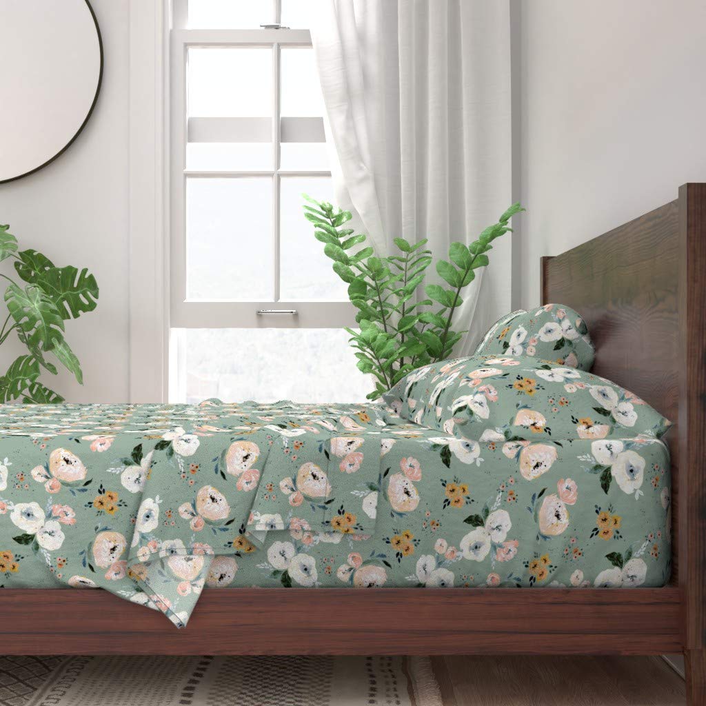 100% Cotton King Size 4-Piece Sheet Set - Floral Blue Pastel Vintage Peony Print Duvet Cover | Soft Breathable Bedding for Master Bedroom & Guest Room | Neutral Duck Egg & Gold Peach Design