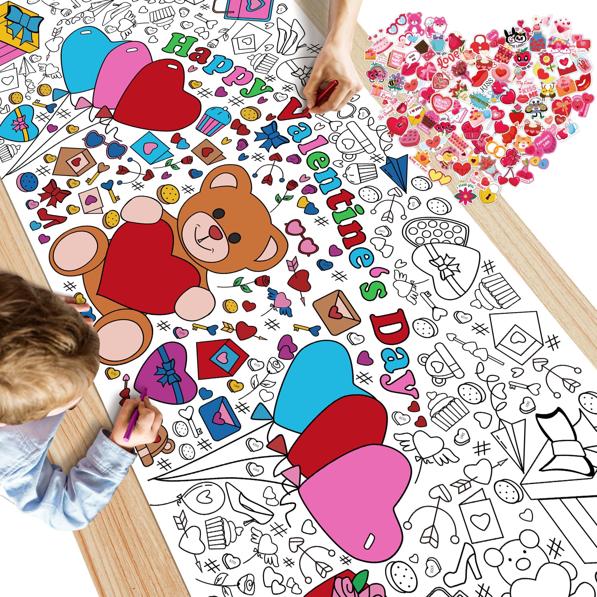 OHOME 180 PCS Valentine's Day Stickers Kit - Kids Coloring Tablecloth with Fun Stickers - Perfect Valentine's Gifts for Children & Classroom Activities - Great for Valentine's Day Parties, School Crafts, and Family Fun