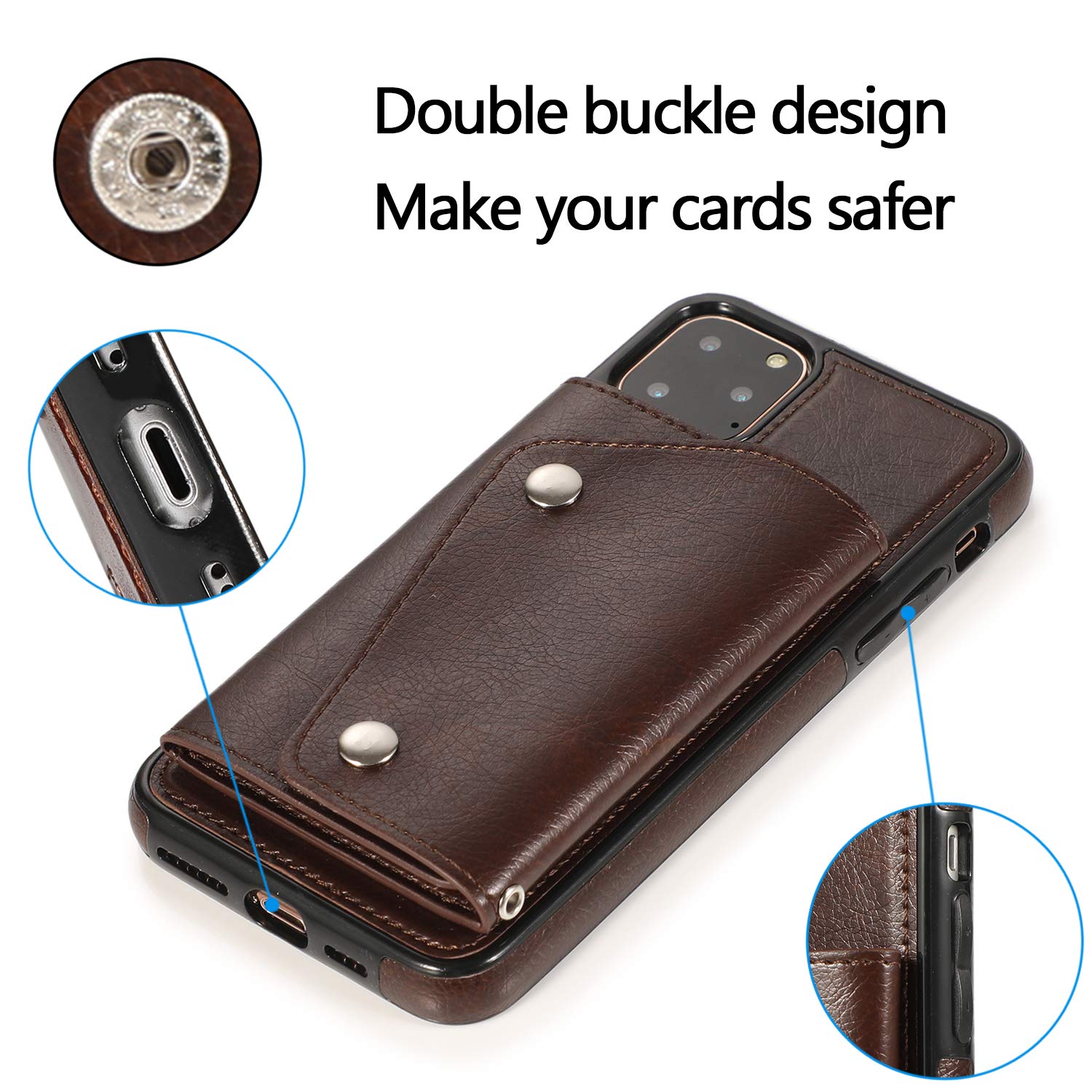 Premium PU Leather Wallet Case for iPhone 11 Pro Max - Card Holder with Neck Strap, Crossbody Chain & Wrist Strap | Protective Cover with Credit Card Slots (Brown) | Perfect for Travel, Shopping & Everyday Use