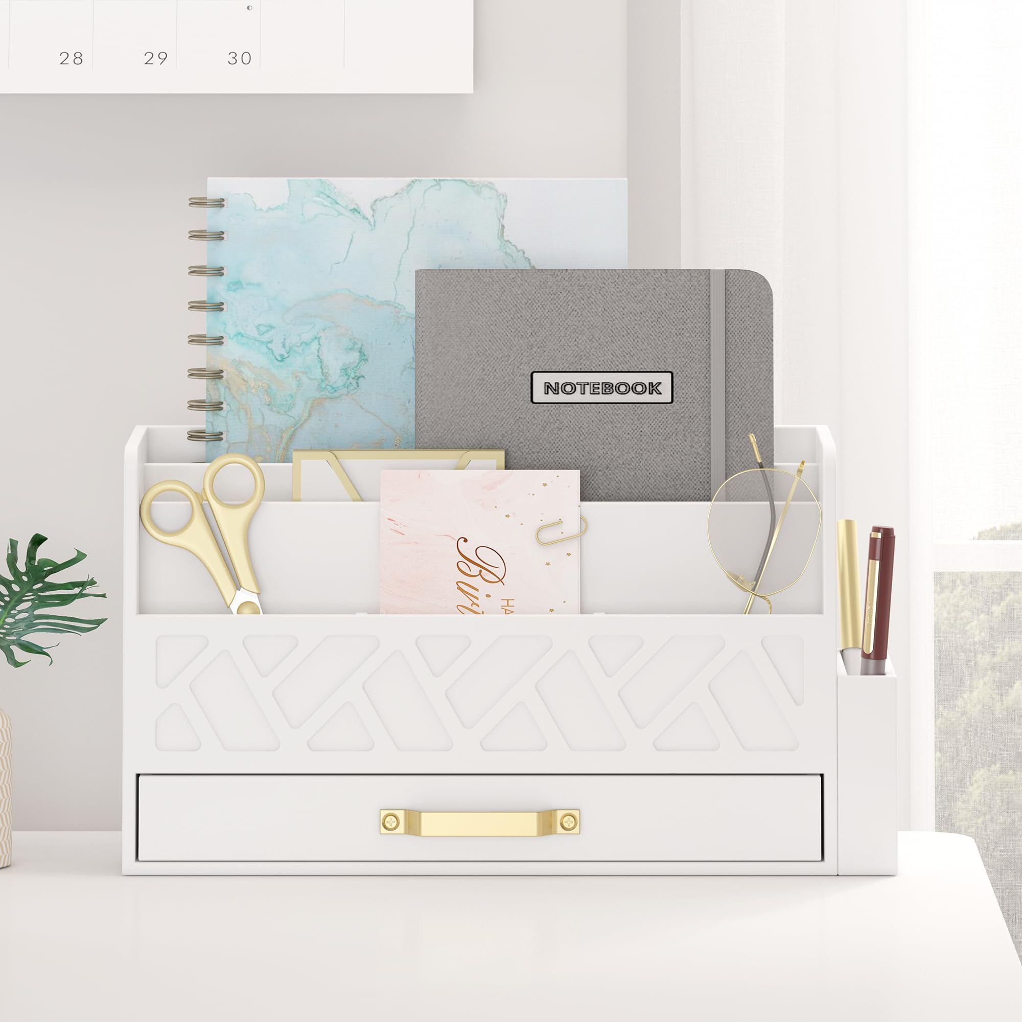 Wooden Desk Organizer with Drawer - Office Supplies File Sorter & Mail Organizer - Stylish White Desktop Accessories for Women - Perfect for Home Office, Workspace & Study Organization