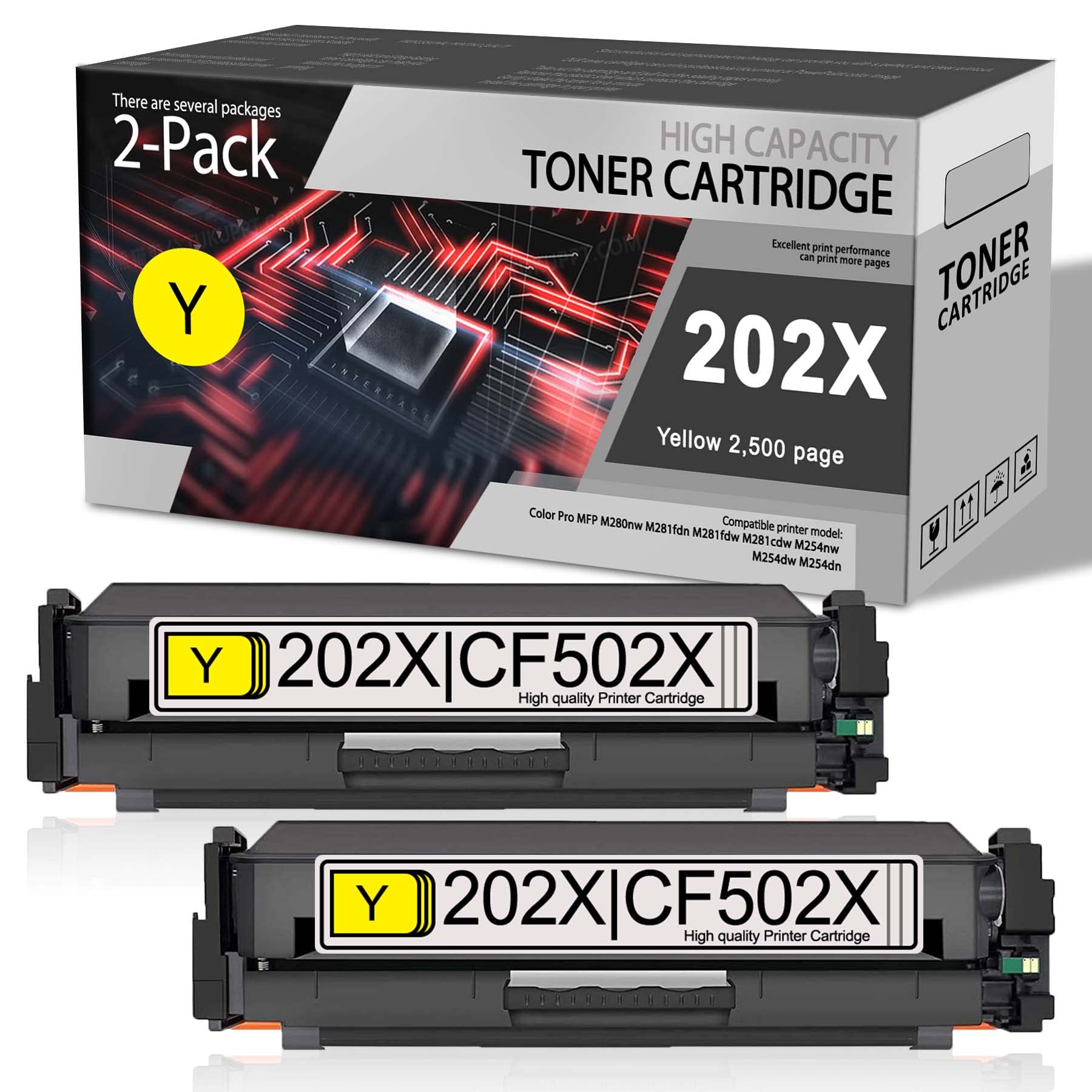 2 Pack CF502X Yellow Toner Cartridge - Compatible for HP Color Pro M254/M280/M281 Printers - Home & Office Use