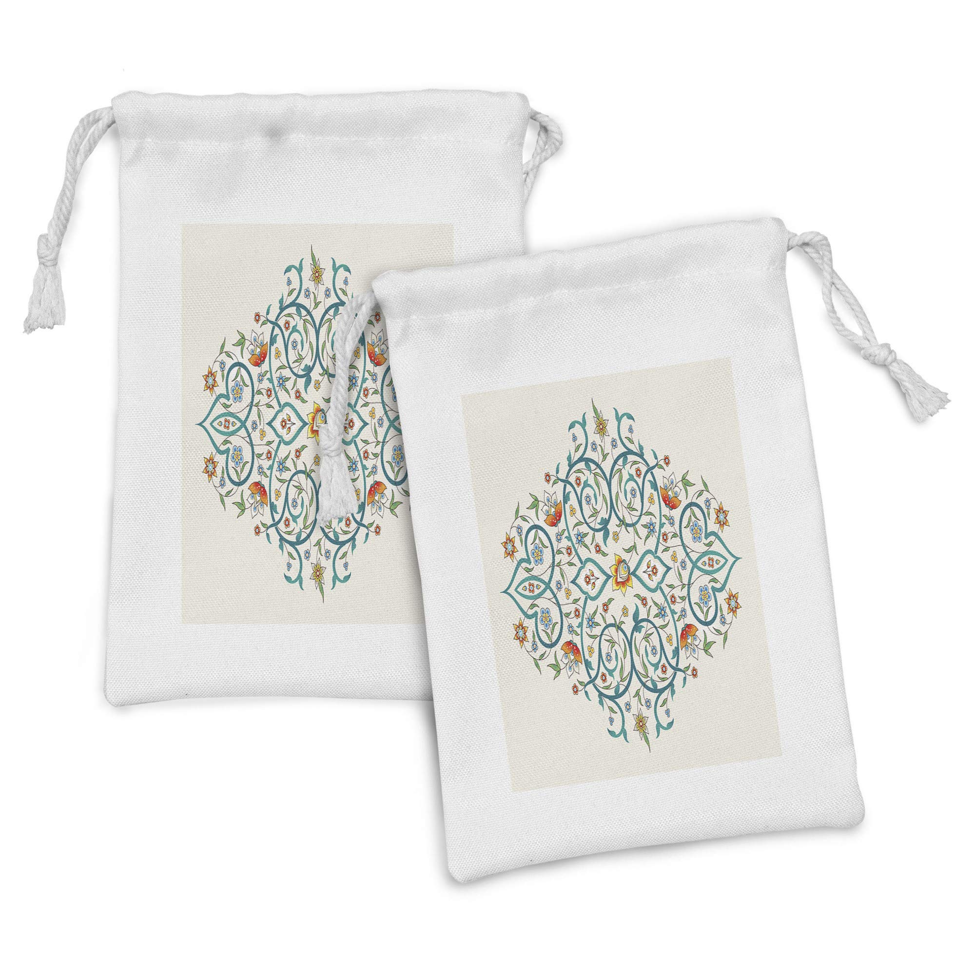 Ambesonne Floral Fabric Pouch Set of 2 - Eastern Style Blossoming Flowers & Leaves Design, Small Drawstring Bag for Toiletries, Masks, Jewelry & Travel Essentials (9
