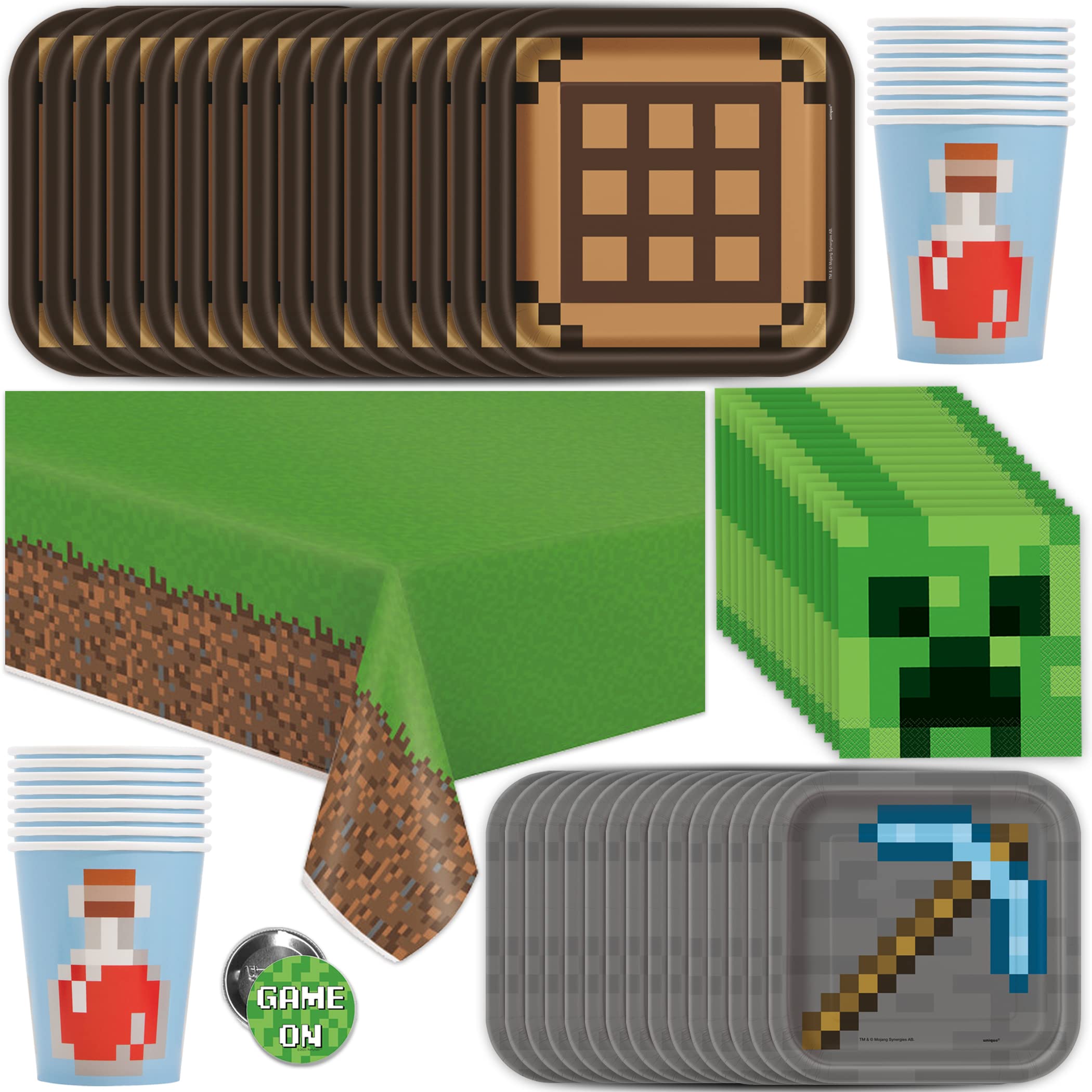 Minecraft Party Supplies Set for 16 Guests - Includes Table Cover, Plates, Napkins, Cups & Buttons - Perfect for Birthday Parties, Themed Events & Gaming Celebrations