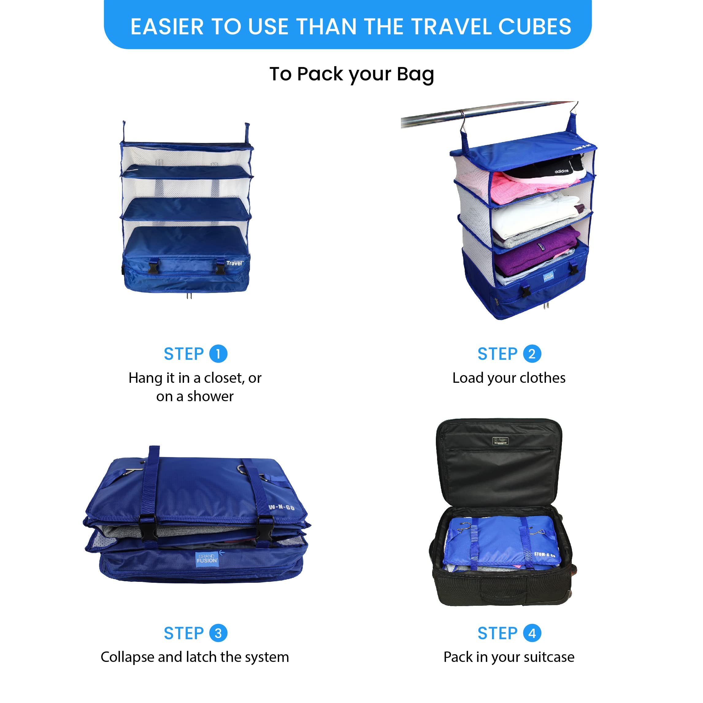 Grand Fusion Stow-N-Go Portable Hanging Travel Shelves - Expandable Packing Organizer for Luggage & Carry-On Closet | Space-Saving Clothes Storage Solution | Perfect for Business Trips, Vacations & Weekend Getaways (Blue, XL 17.7