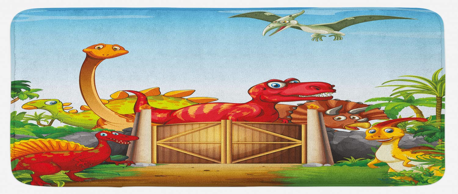 Ambesonne Non-Slip Dinosaur Kitchen Rug - Cartoon Dino Park Jungle Wildlife Design, Plush Decorative Floor Mat with Anti-Skid Backing, 47x19 Inches, Rust Blue - Perfect for Kitchen, Bathroom, Nursery & Dino-Themed Rooms