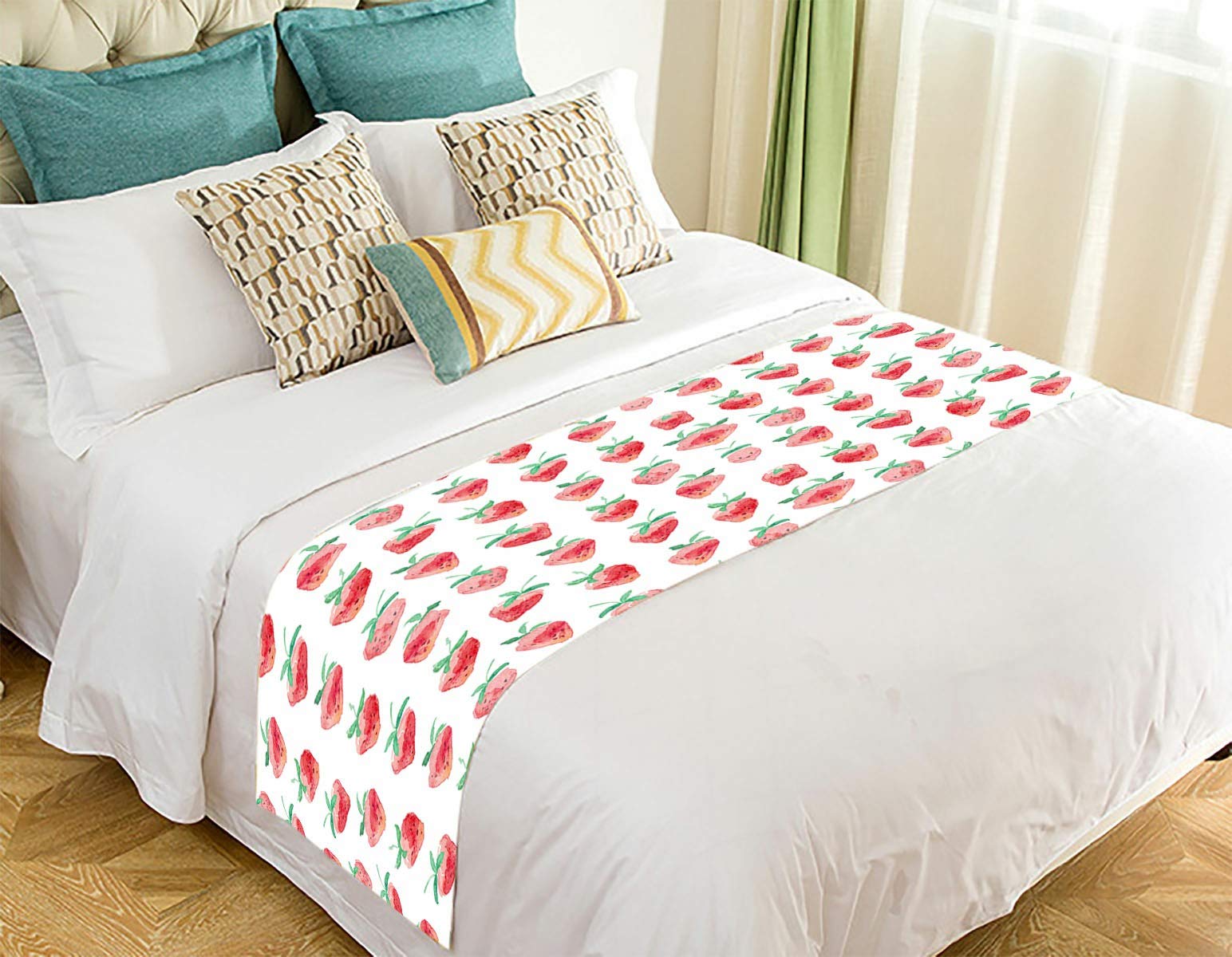 ECZJNT Watercolor Strawberry Pattern Bed Runner - 20x95 Inch Decorative Bed Scarf for Queen King Beds - Elegant Bedroom Decor for Spring Summer Home Styling