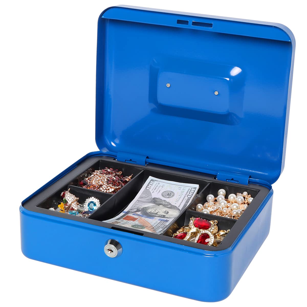 Lovndi Metal Cash Box with Money Tray & Lock - 9.84 x 7.87 x 3.54 Inches Blue Lockbox for Small Business, Home Office, Retail Store & Event Money Security