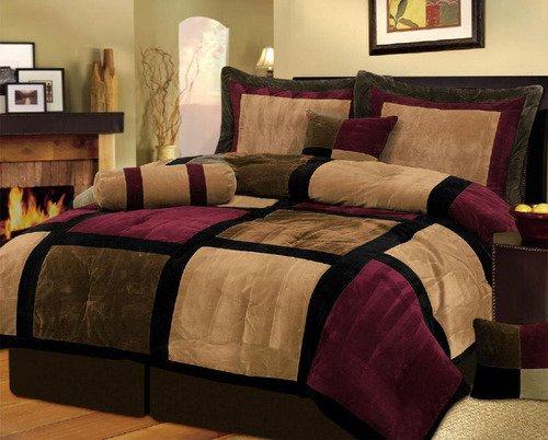 7-Piece Burgundy Brown Black Micro Suede King Comforter Set with Accent Pillows - Luxury Bed in a Bag for Master Bedroom & Guest Room Decor