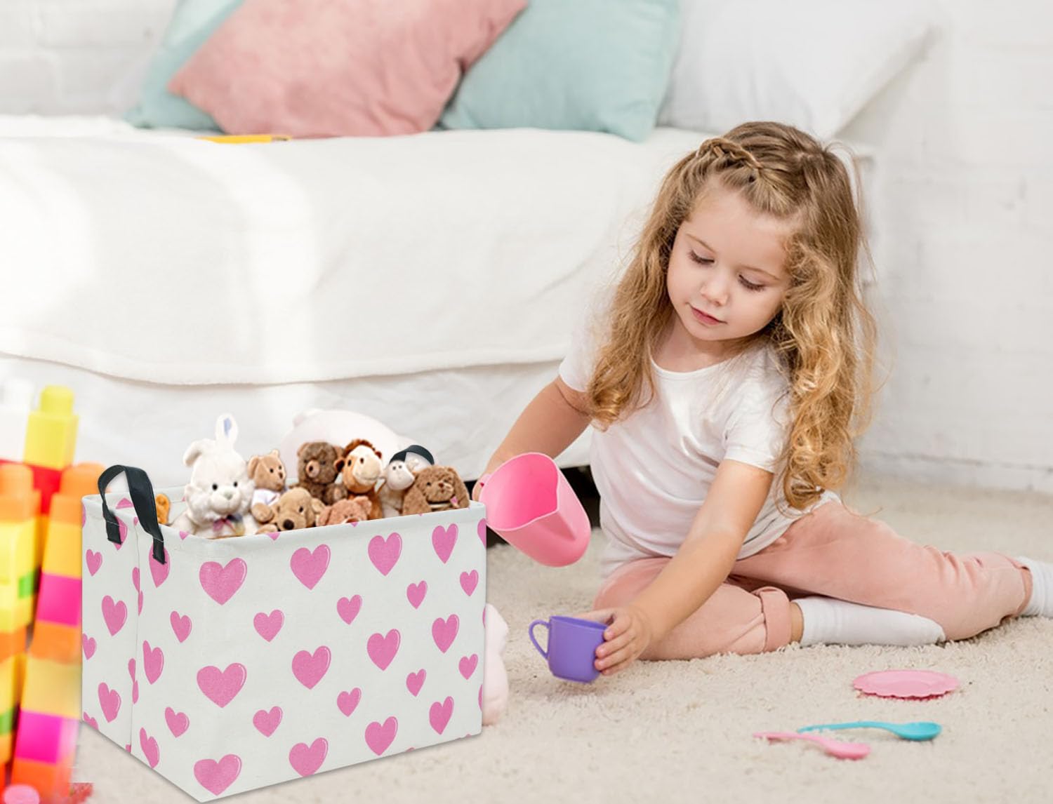 Pink Heart-Shaped Rectangular Toy Storage Basket for Baby Girls - Cute Kids Room Organizer Bin for Toys, Books & Decor - Perfect Gift for Nursery, Playroom & Bedroom (Pink Love)