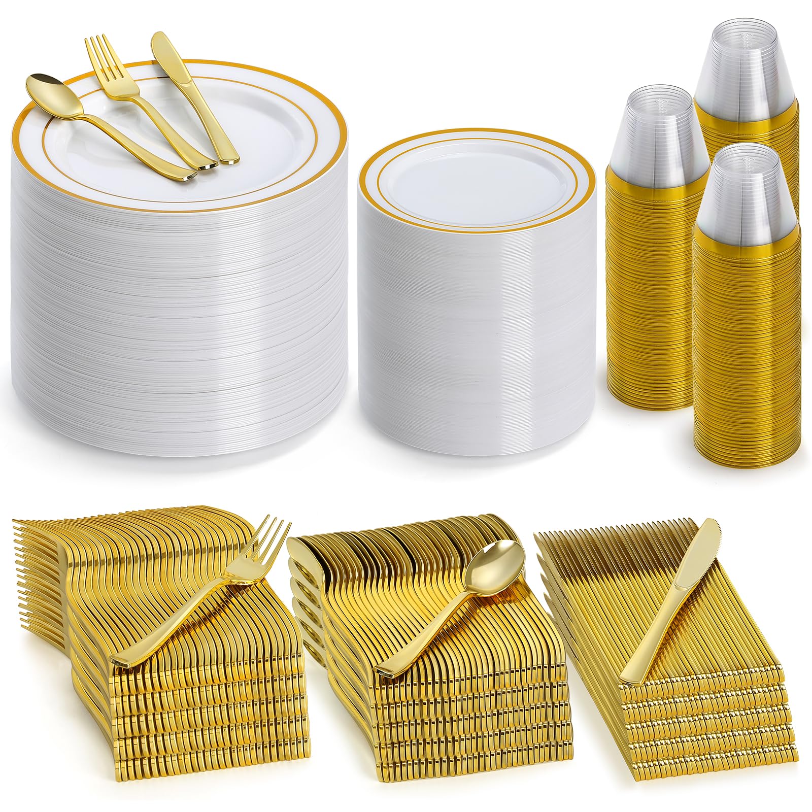 600-Piece Gold Plastic Dinnerware Set for 100 Guests - Disposable Plates, Forks, Knives, Spoons & Cups for Parties, Weddings, Birthdays - Elegant & Convenient for Large Gatherings & Events