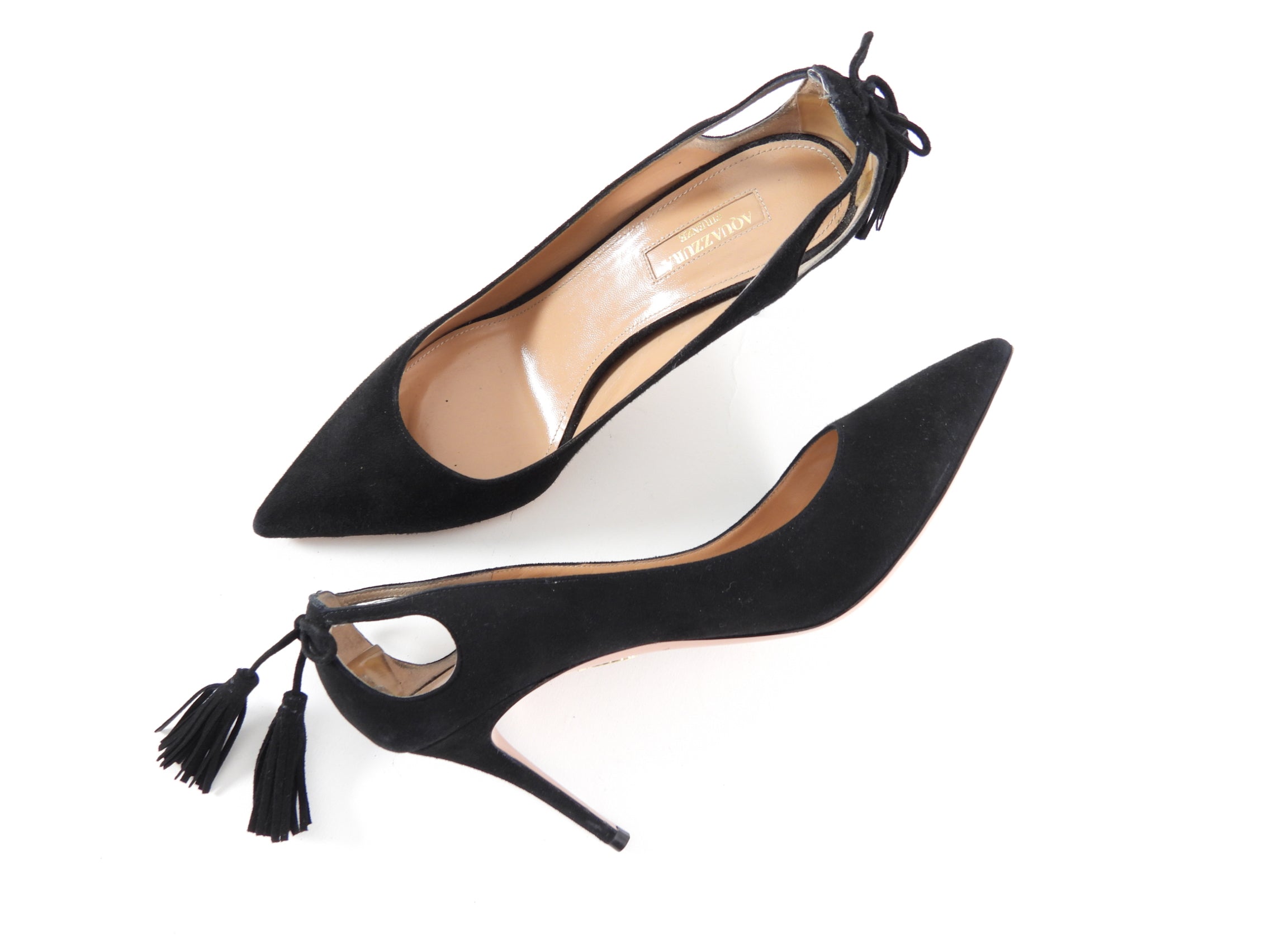 Aquazzura Black Suede Cut Out Detail Tassel Pumps Women's Size 38 (US 8/8.5) - Elegant Heels for Evening Parties, Weddings & Special Occasions
