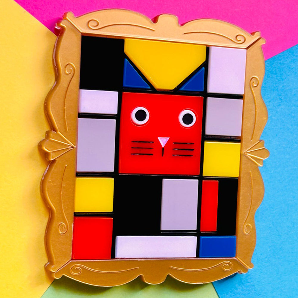 Modern Neoplasticism Style Cat Acrylic Brooch - Unique Artisan Cat Pin for Women | Makokot Design | Perfect Gift for Cat Lovers, Art Collectors & Fashion Accessories