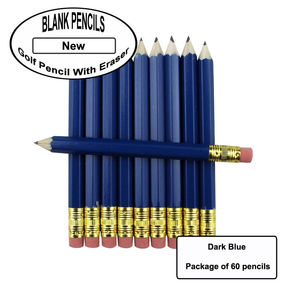 EZPENCILS & GIFTS - Golf Pencils with Eraser (1/2 Size) - Dark Blue Barrel - 2HB Black Lead - Non-Smear Eraser - 60 Pack - Perfect for Scorecards, Mini Golf, and Office Use