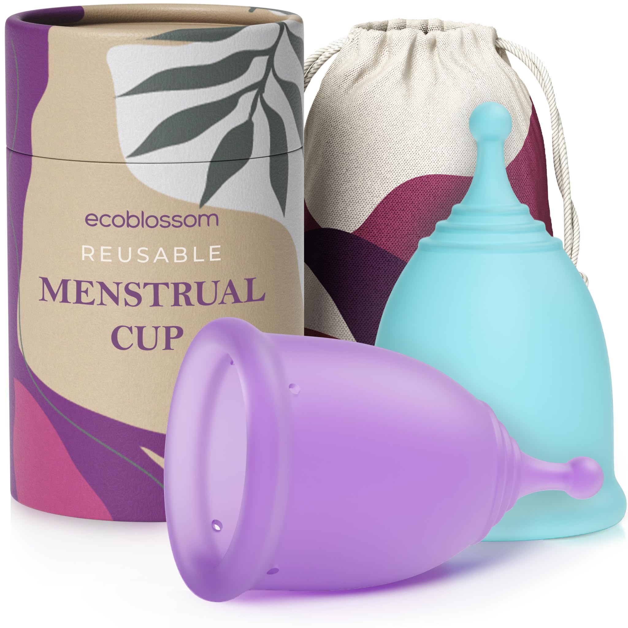EcoBlossom Reusable Menstrual Cup Set - Medical Grade Silicone Period Cups for Women - 12 Hour Leak-Free Protection (2 Large Cups) | Perfect for Active Lifestyles, Travel & Overnight Use
