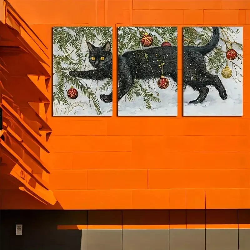 3-Piece Black Cat Entangled in Christmas Decorations Wall Art Set - Framed Canvas 50x70cm (20x28in) - High Quality Print - 100% Australian Made - Ready to Hang - Perfect for Holiday Home Decor, Living Room & Bedroom Wall Art