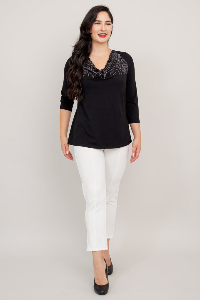 Charisse 3/4 Sleeve Women's Bamboo V-Neck Top - Soft & Breathable Black Diamond Shirt for Casual Wear & Office Outfits